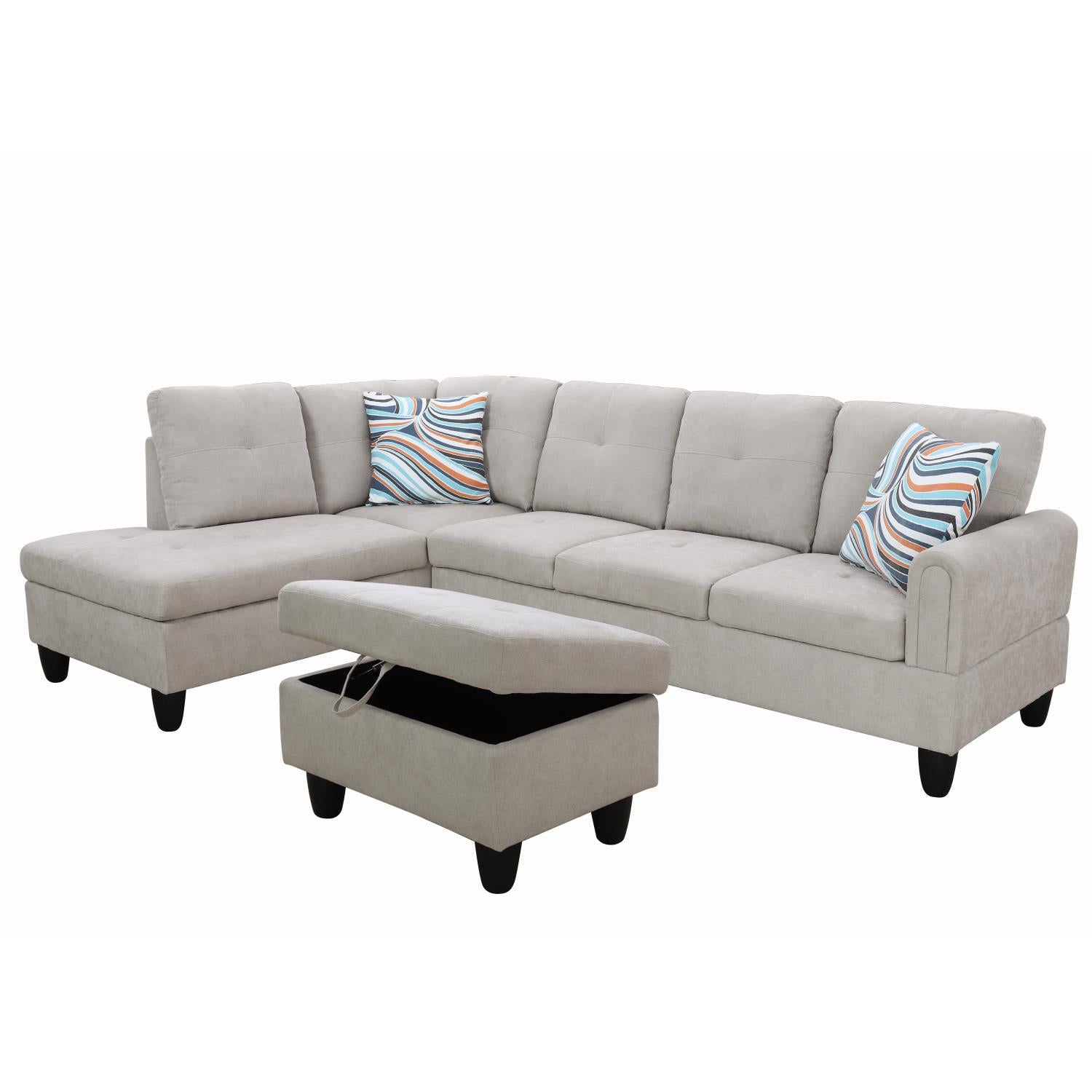 Ainehome Grey White Flannel L-Shaped Living Room Sectional Sofa Set