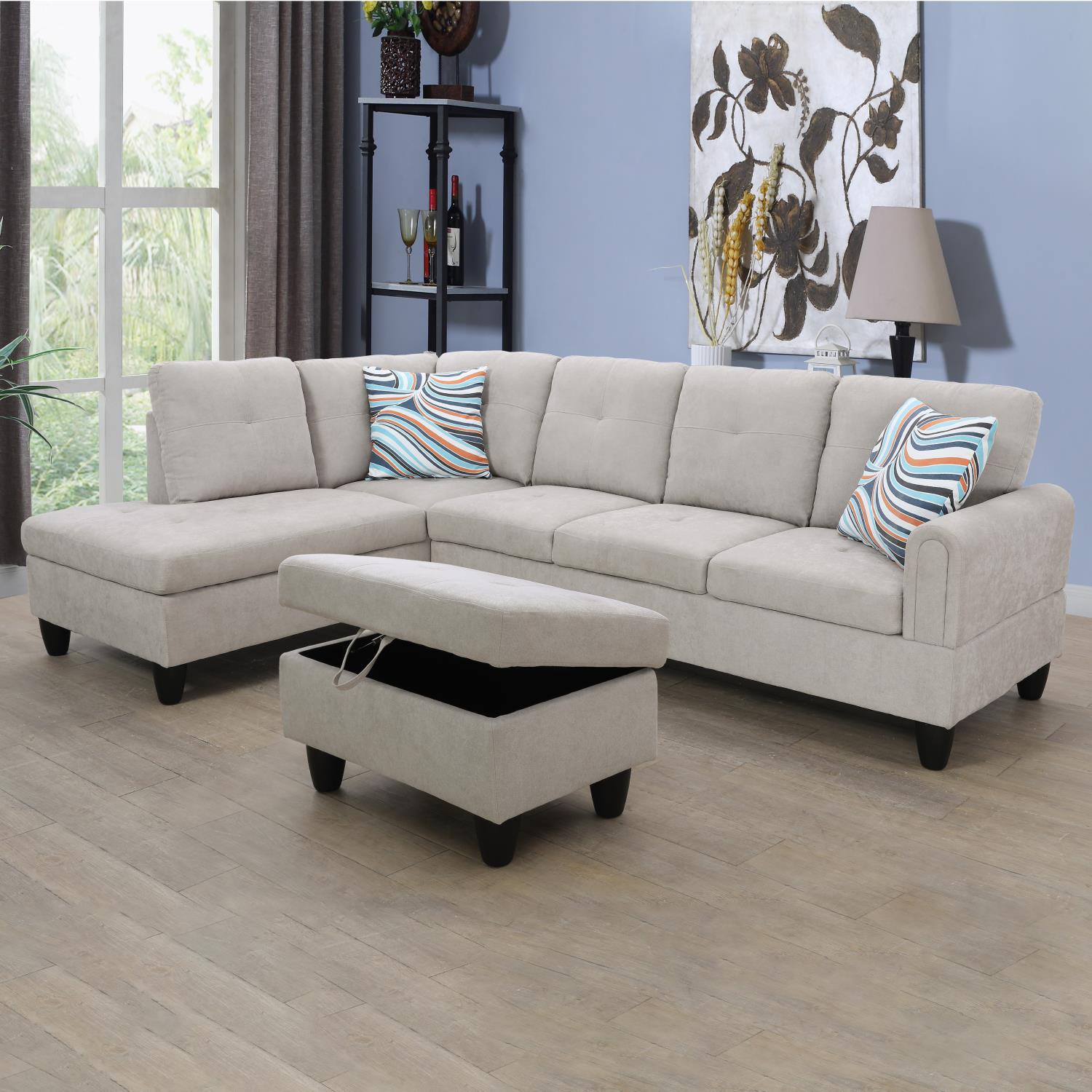 Ainehome Grey White Flannel L-Shaped Living Room Sectional Sofa Set