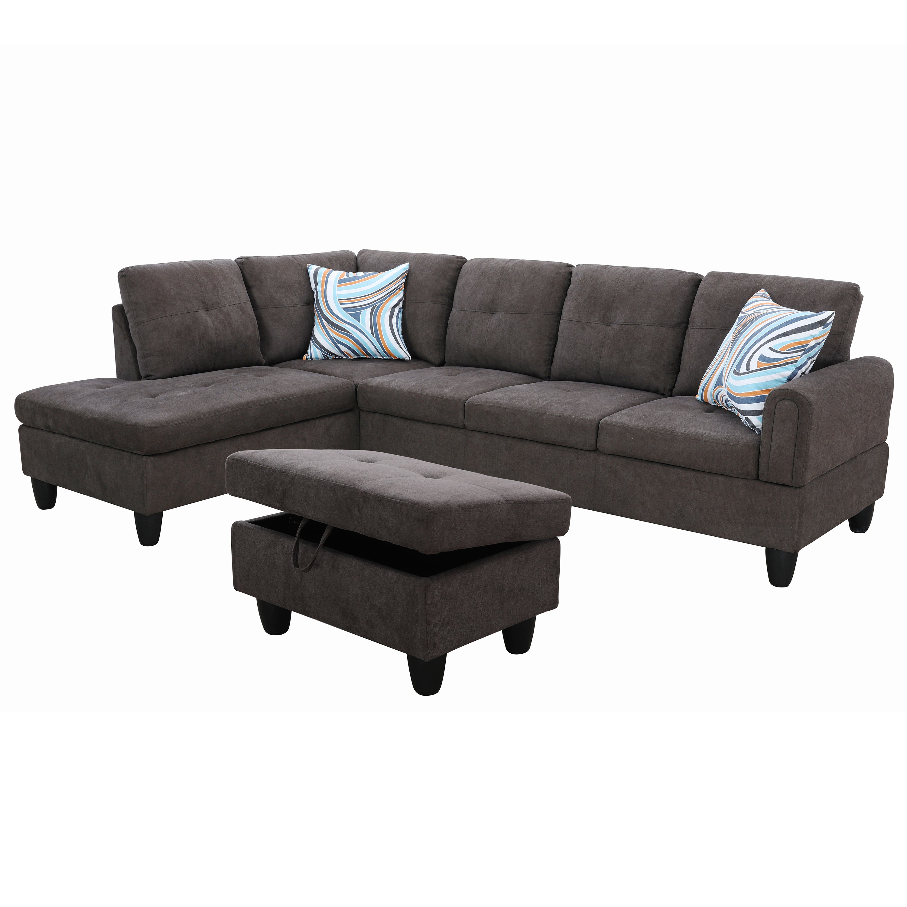 Ainehome Dark Brown Flannel L-Shaped Living Room Sectional Sofa Set