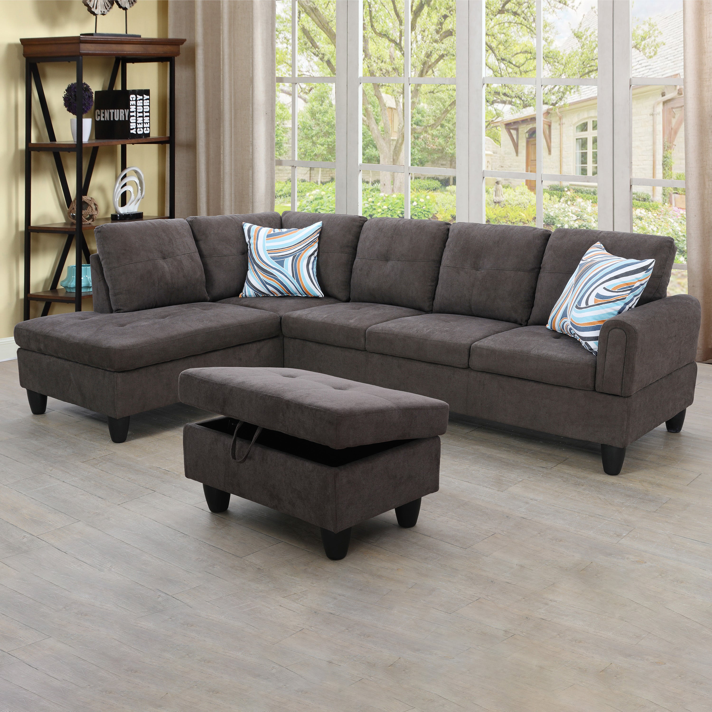 Ainehome Dark Brown Flannel L-Shaped Living Room Sectional Sofa Set