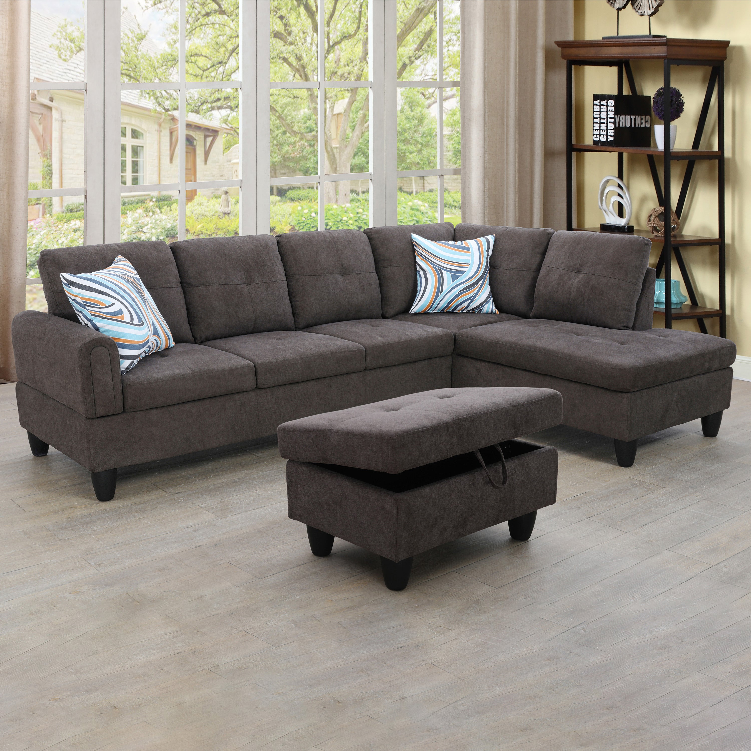 Conjunto de sofá seccional en forma de L de franela marrón oscuro de Ainehome para sala de estar