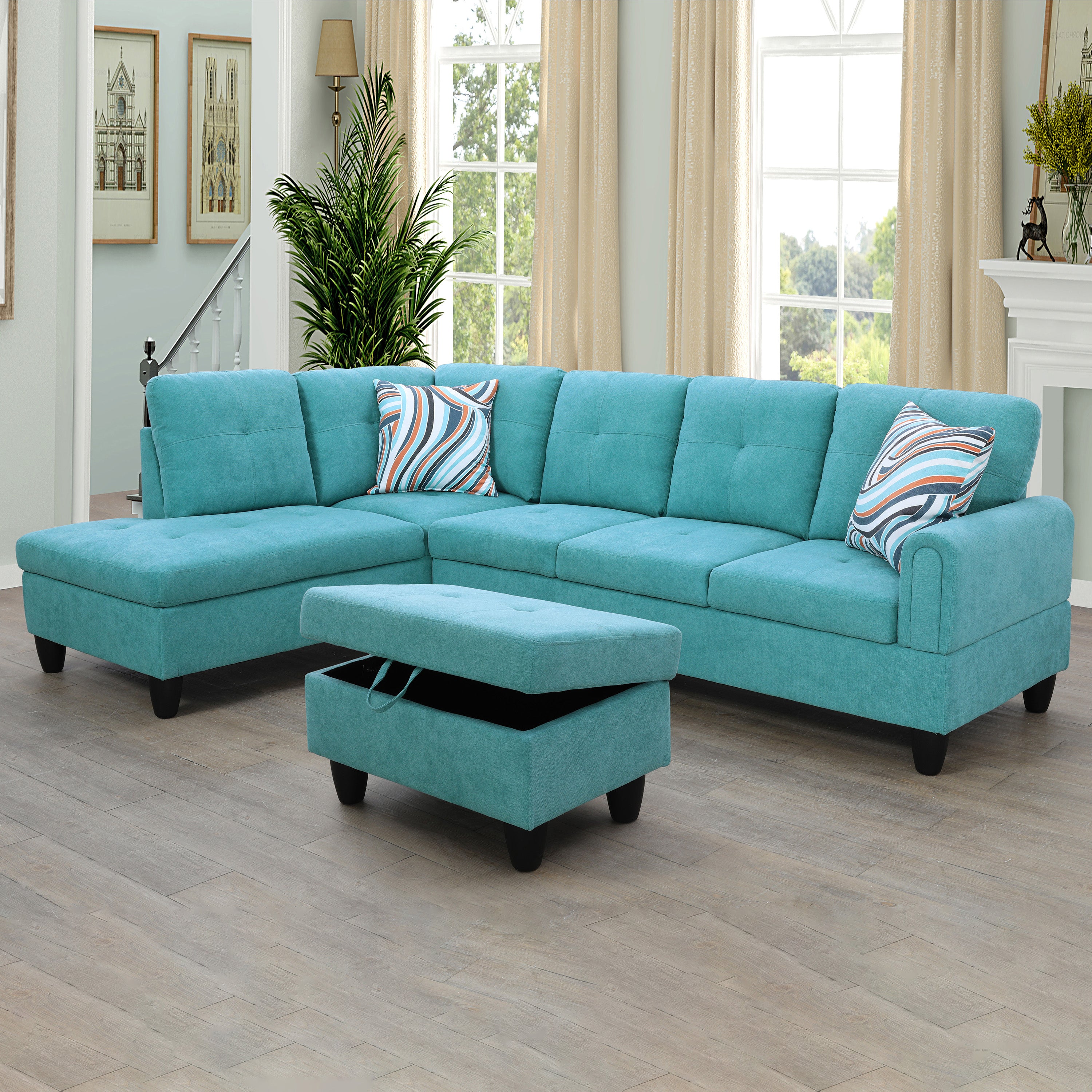 Ainehome Green Flannel L-Shaped Living Room Sectional Sofa Set