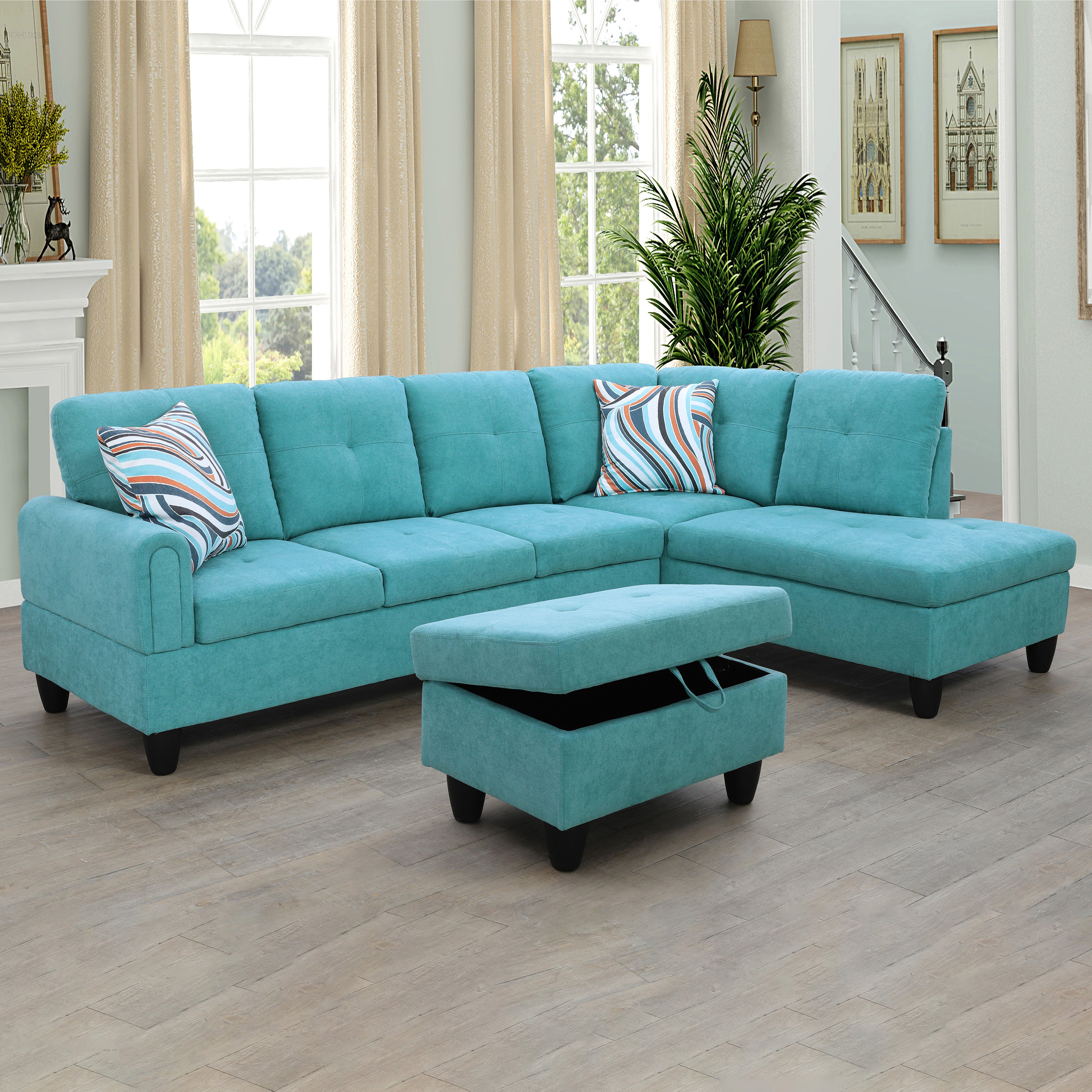 Conjunto de sofá seccional en forma de L de franela verde de Ainehome para sala de estar