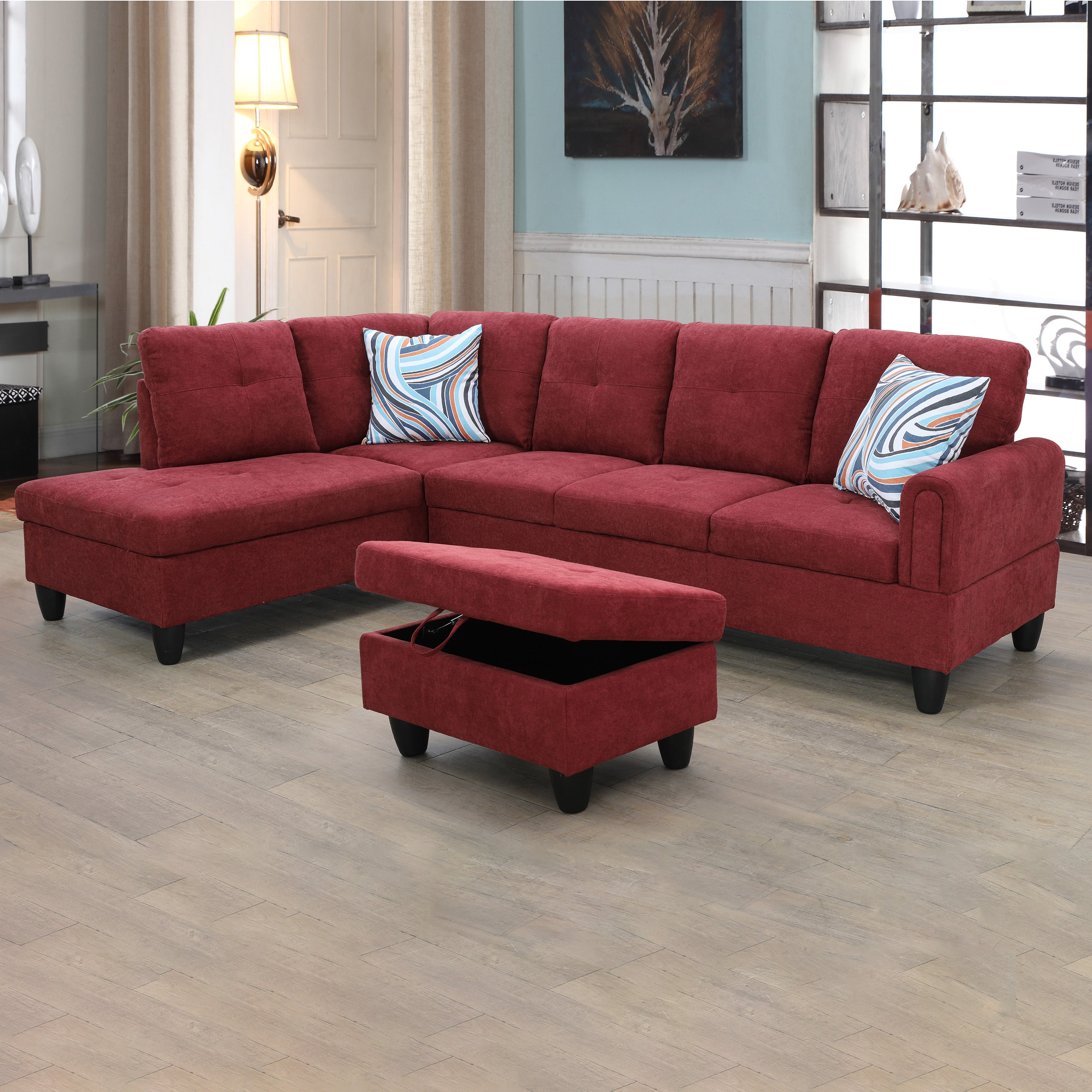 Ainehome Red Flannel L-Shaped Living Room Sectional Sofa Set