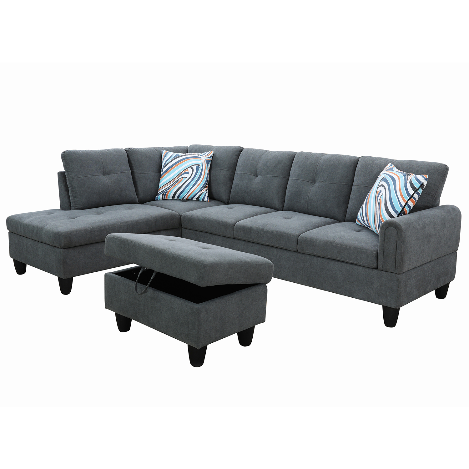 Ainehome Dark Grey Flannel L-Shaped Living Room Sectional Sofa Set