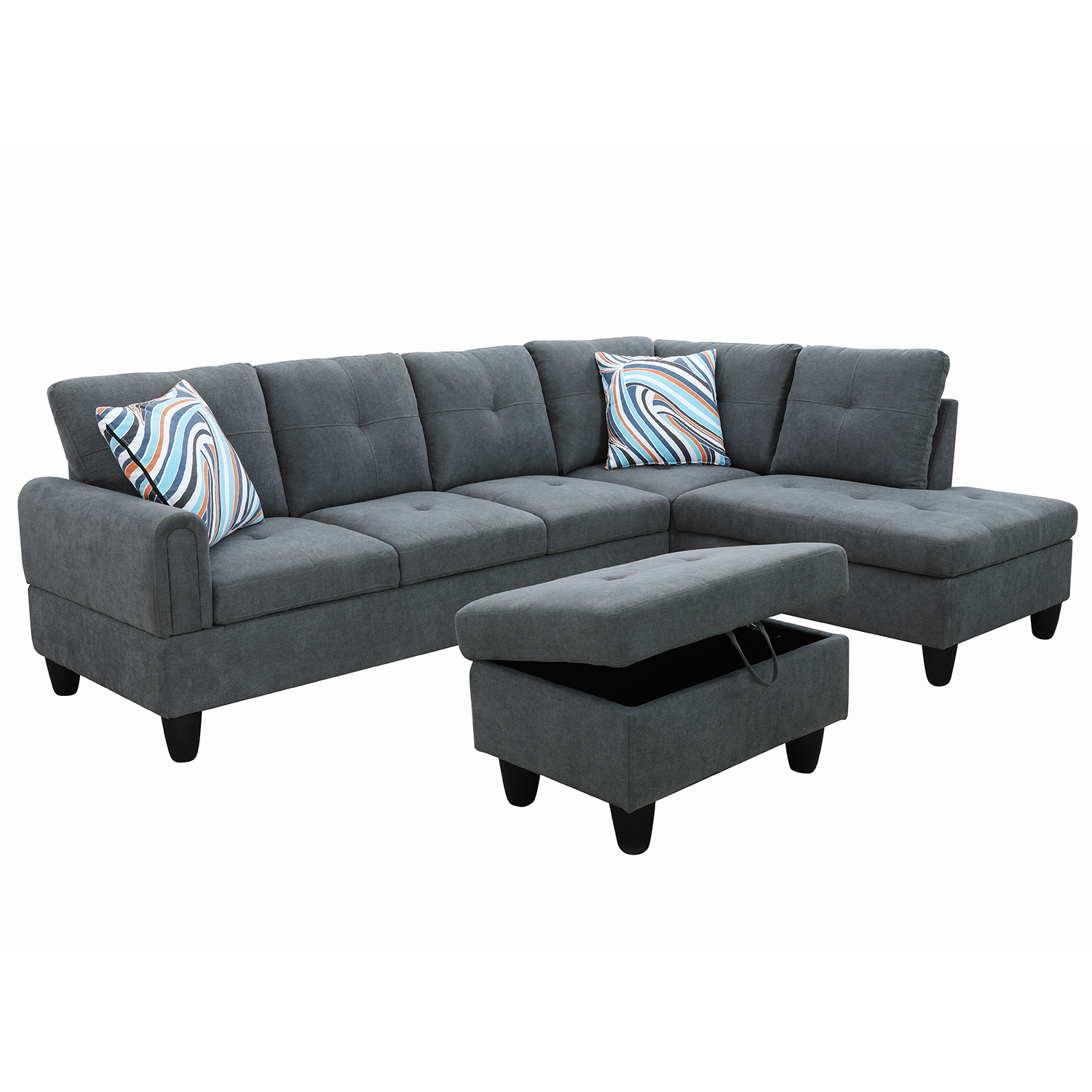 Ainehome Dark Grey Flannel L-Shaped Living Room Sectional Sofa Set