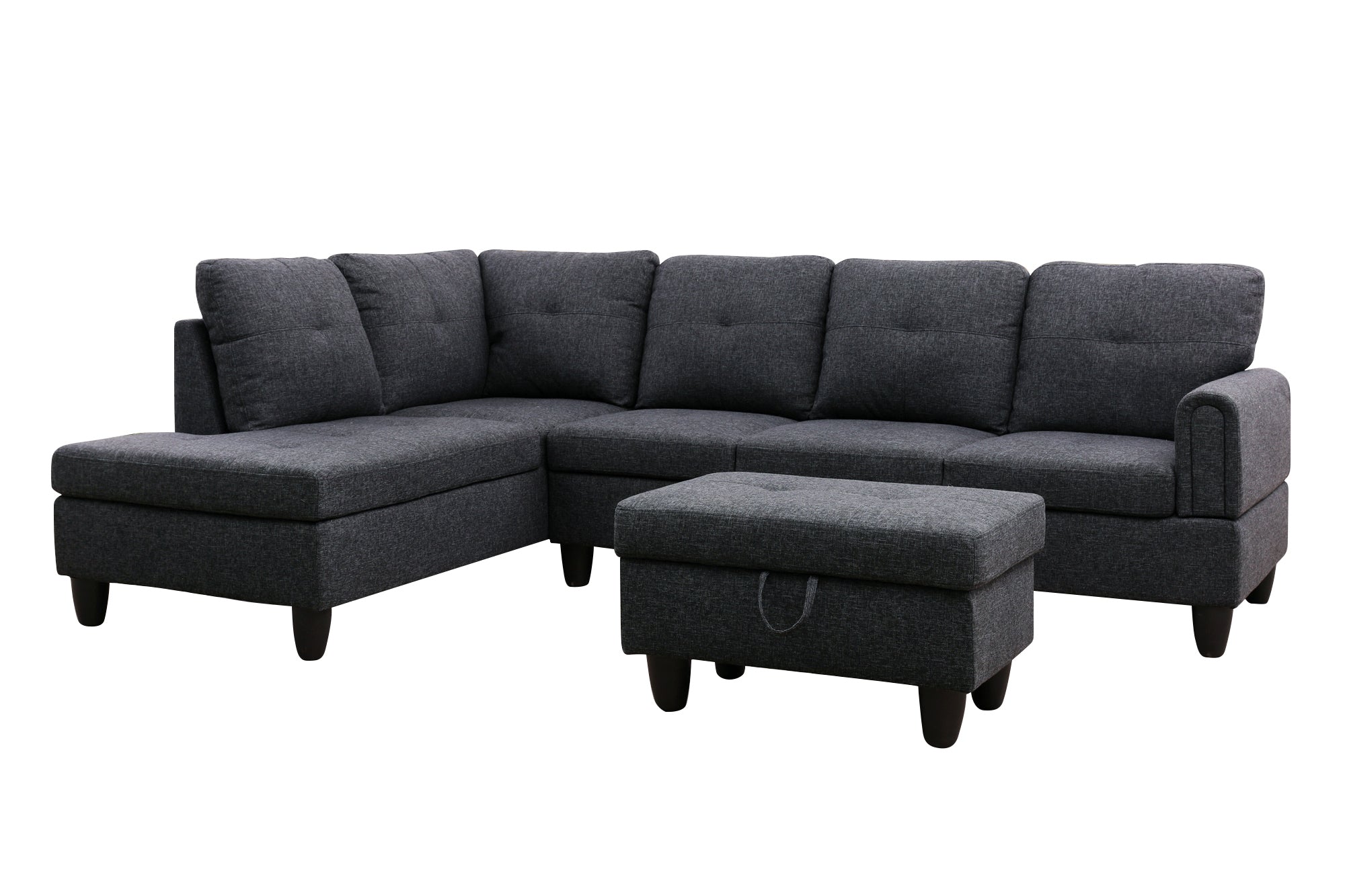 Ainehome Black Grey Linen L-Shaped Living Room Sectional Sofa Set
