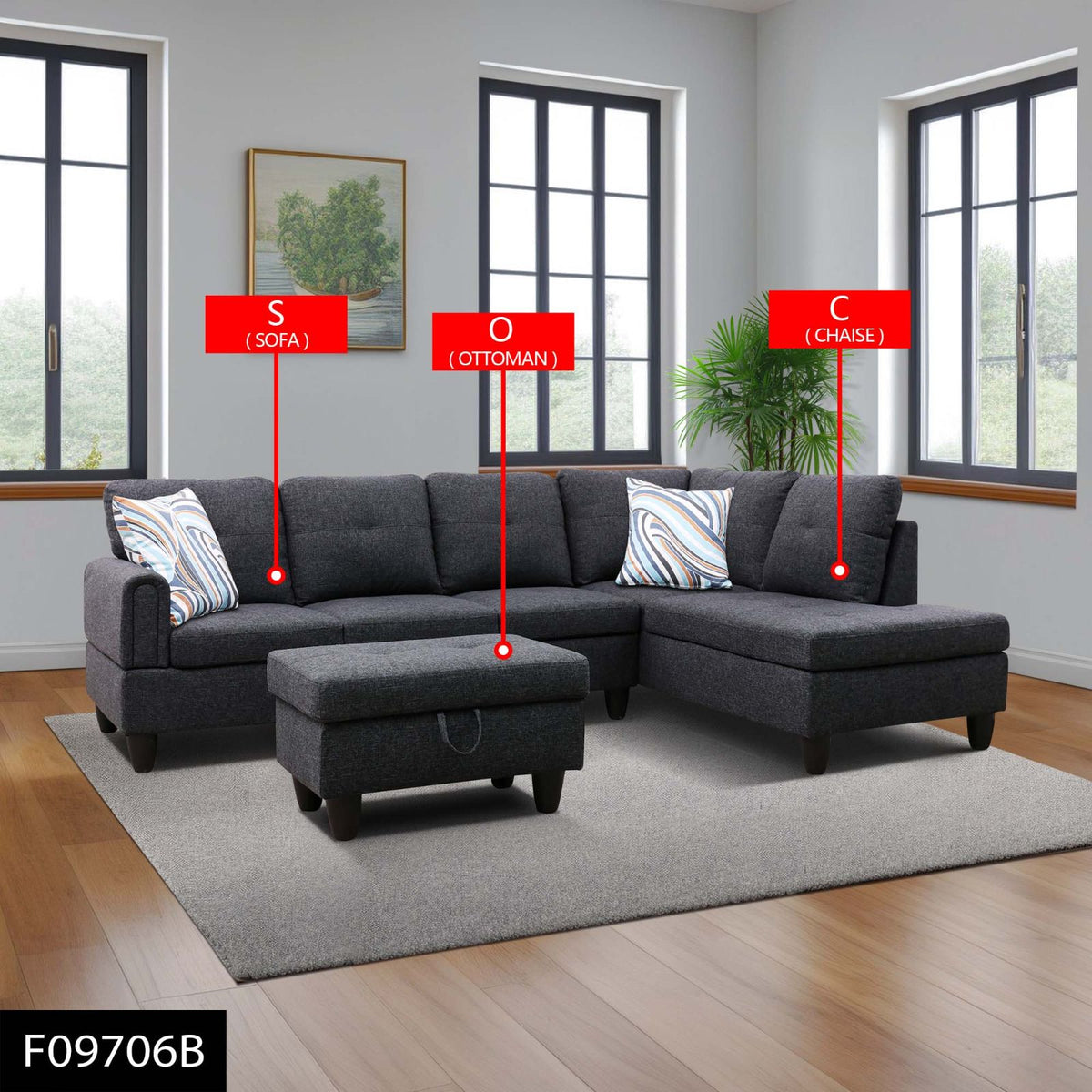Black and Gray Linen Modular L-Shaped Sectional Sofa - product image 2