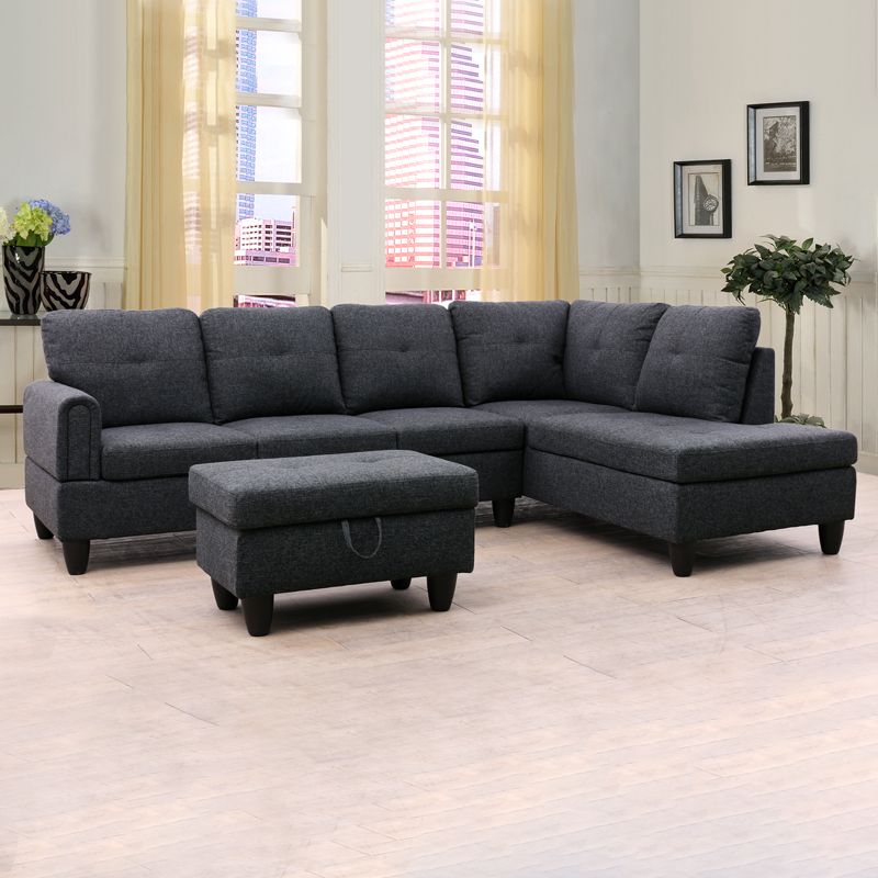 Black and Gray Linen Modular L-Shaped Sectional Sofa