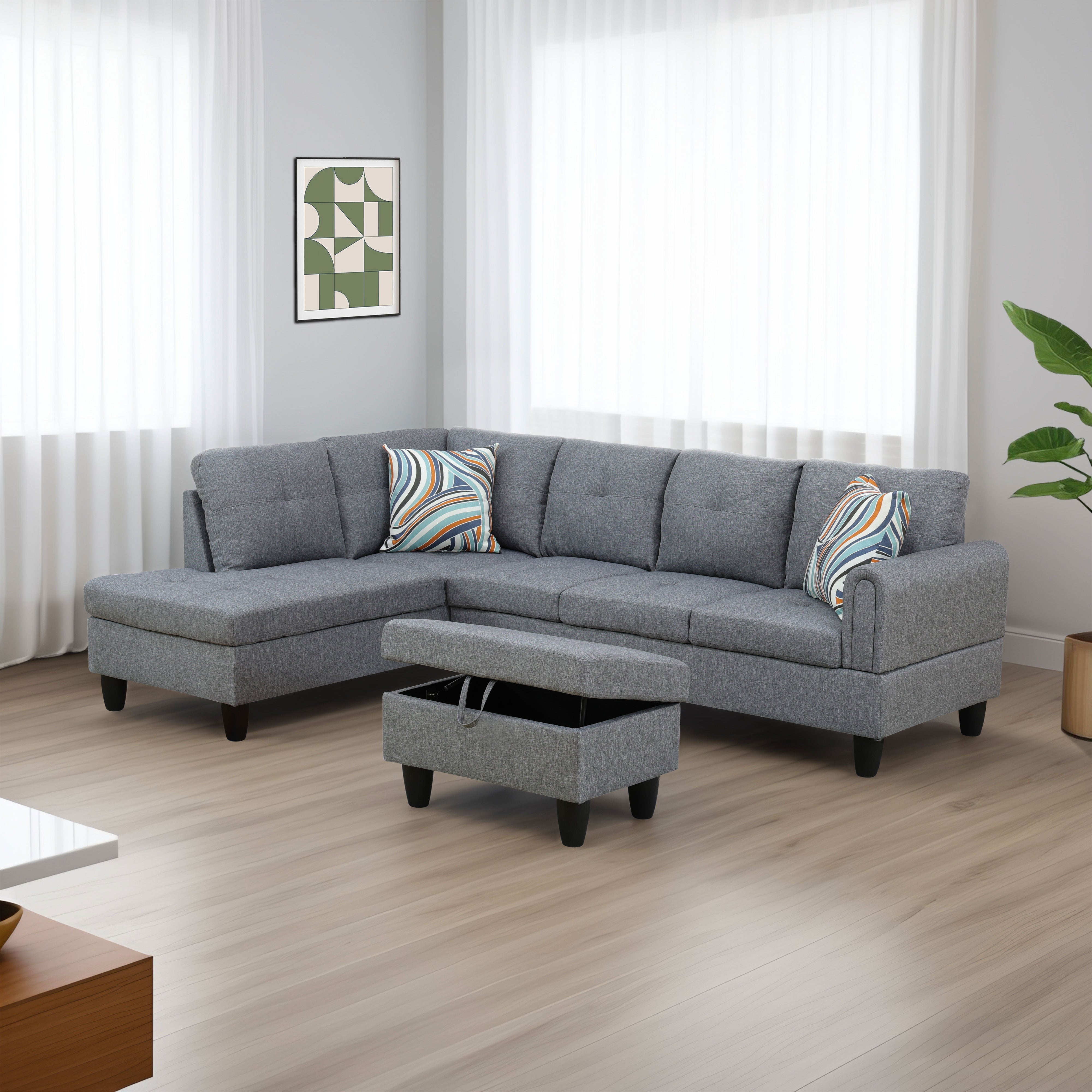 Ainehome Grey Linen L-Shaped Living Room Sectional Sofa Set