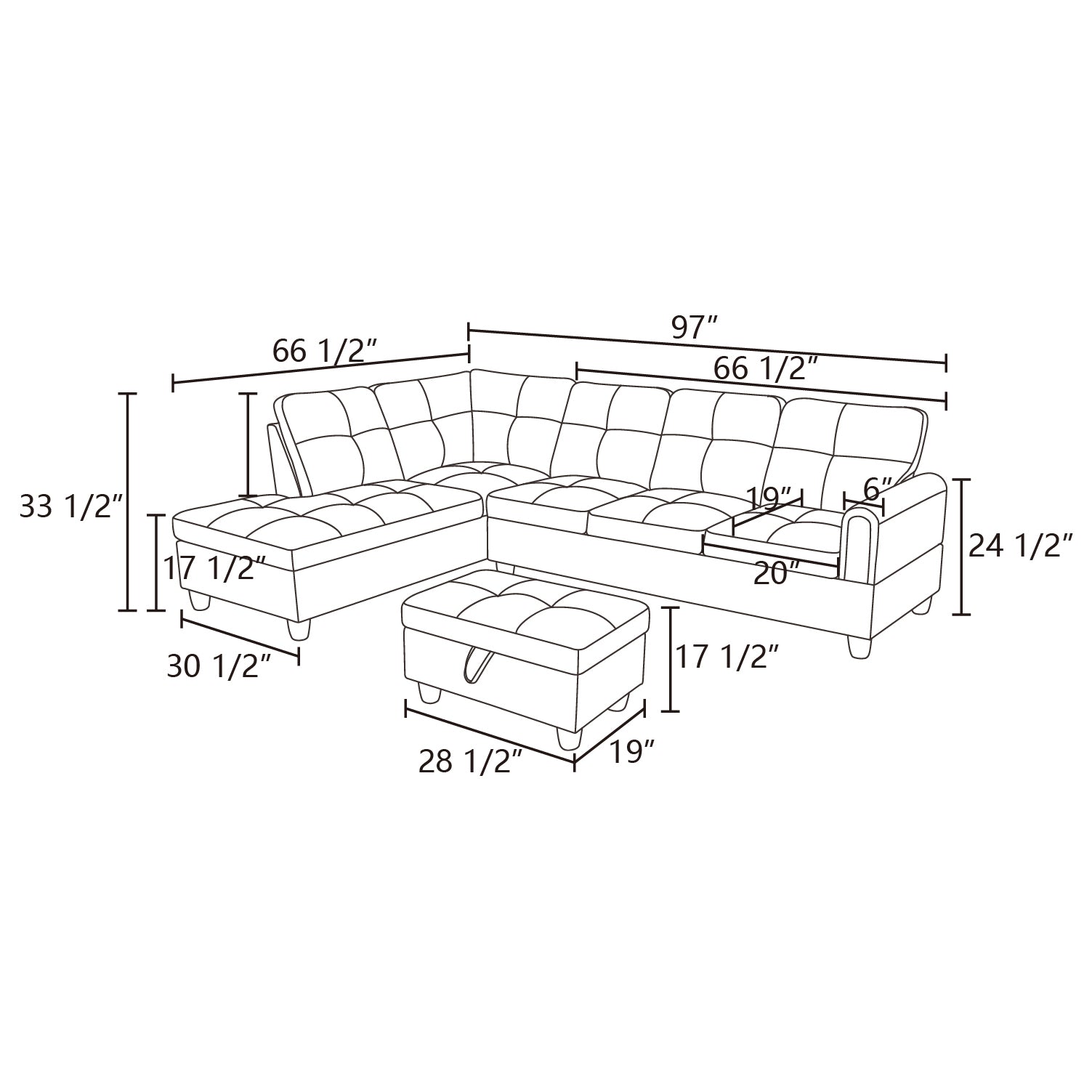 Ainehome Grey Linen L-Shaped Living Room Sectional Sofa Set