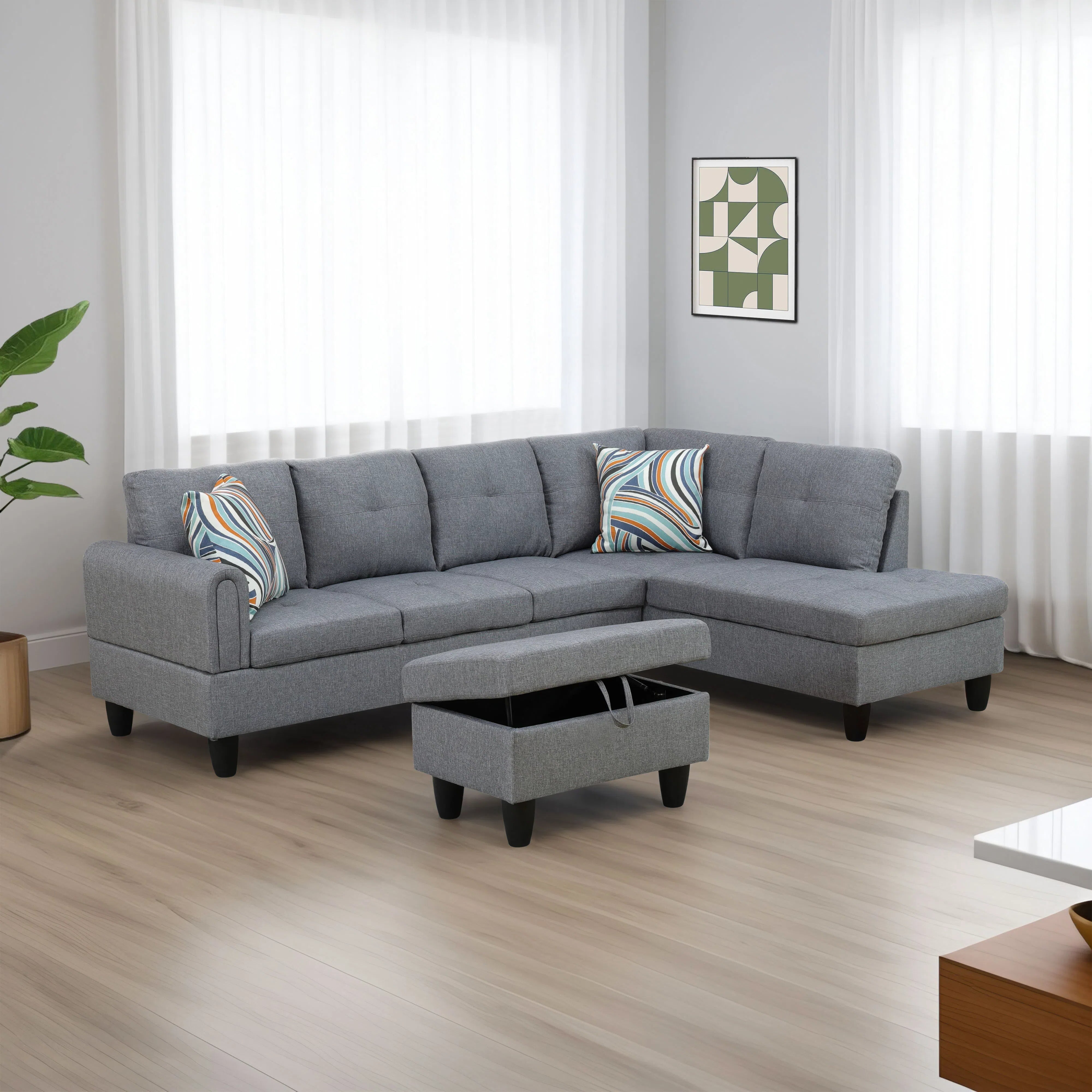 Ainehome Grey Linen L-Shaped Living Room Sectional Sofa Set