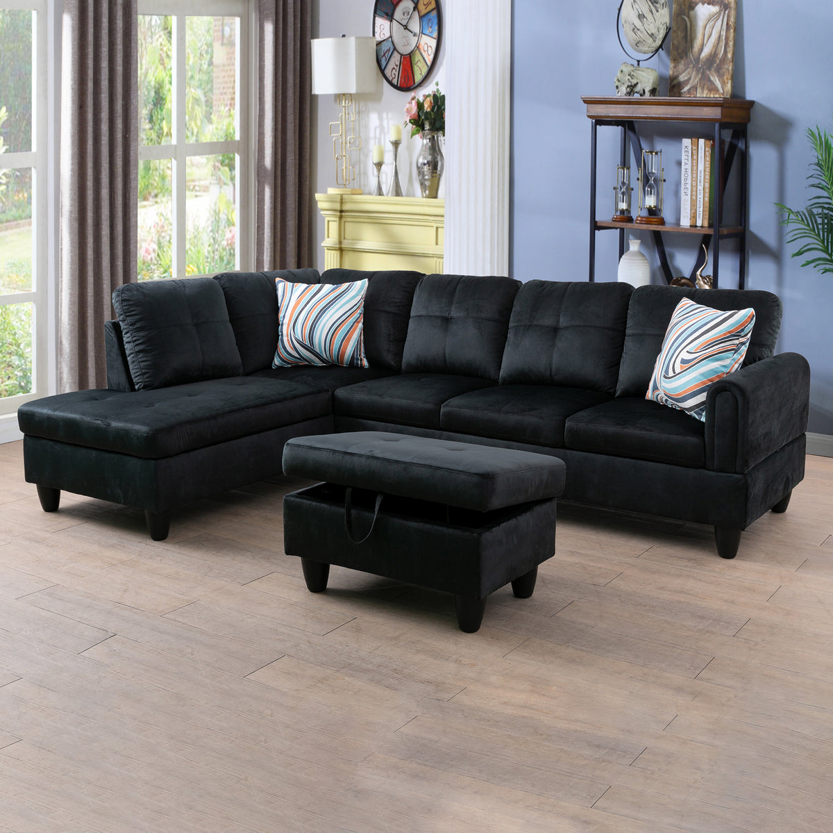 Conjunto de sofá seccional en forma de L de franela negra de Ainehome para sala de estar