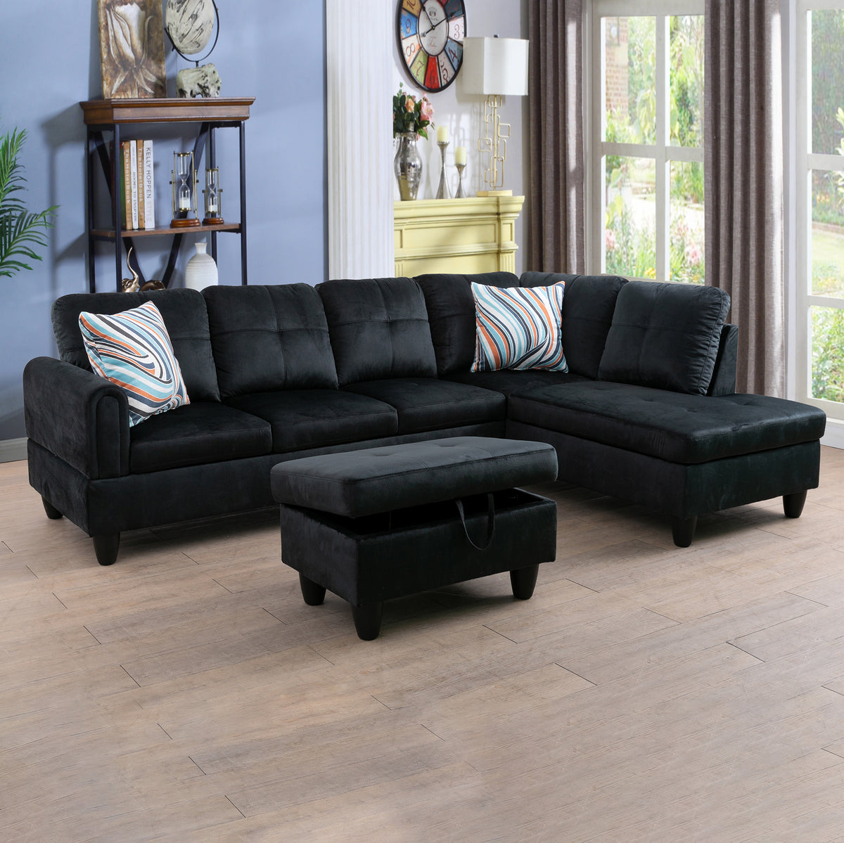 Conjunto de sofá seccional en forma de L de franela negra de Ainehome para sala de estar
