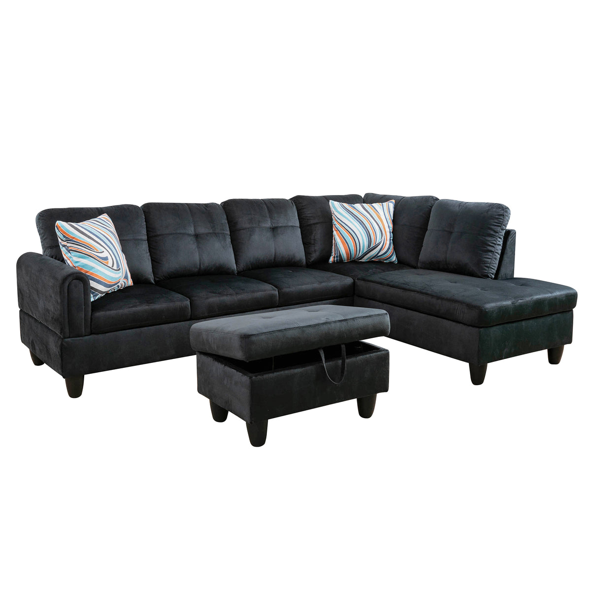 Conjunto de sofá seccional en forma de L de franela negra de Ainehome para sala de estar