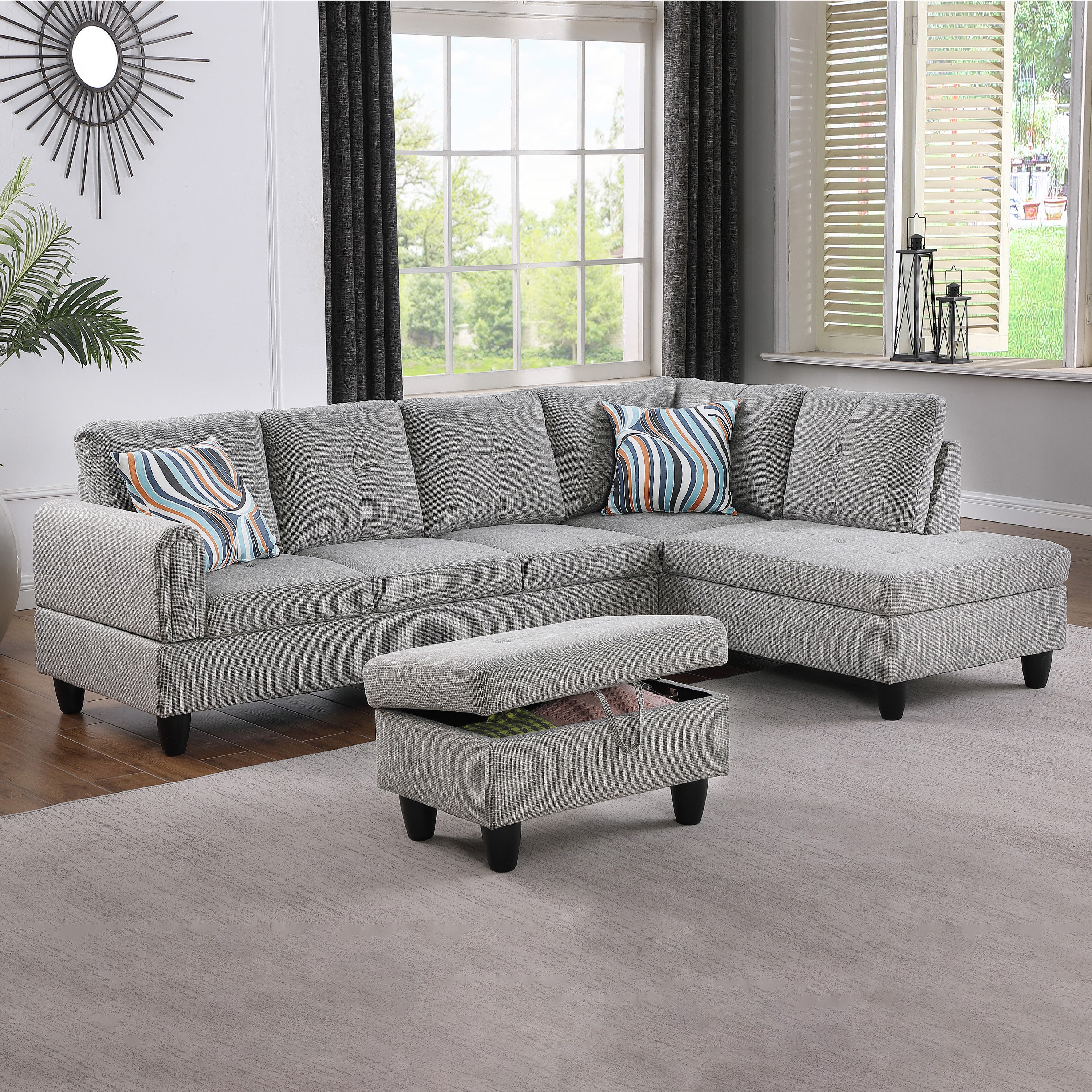 Ainehome Grey Linen L-Shaped Living Room Sectional Sofa Set