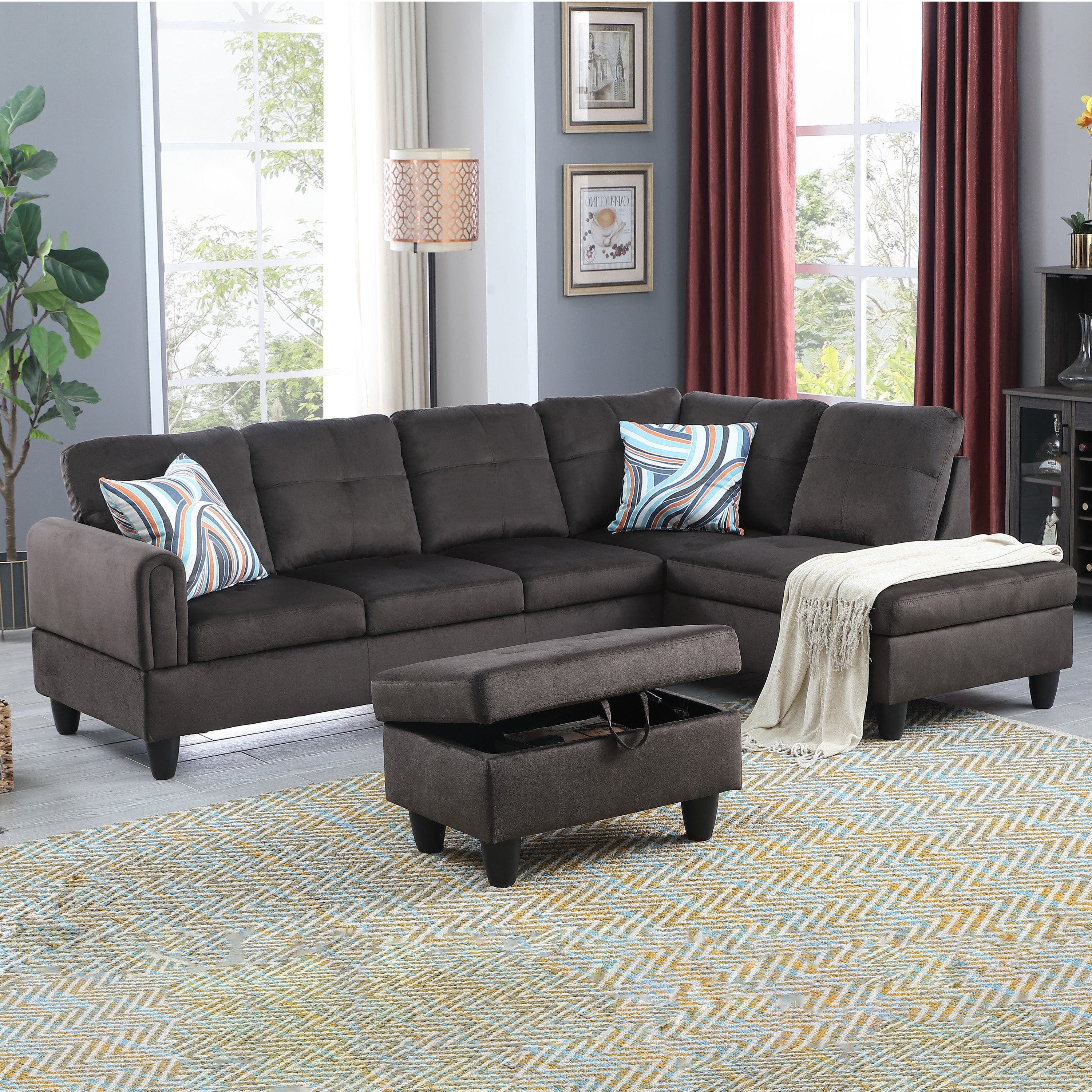 Conjunto de sofá seccional en forma de L de franela marrón oscuro de Ainehome para sala de estar