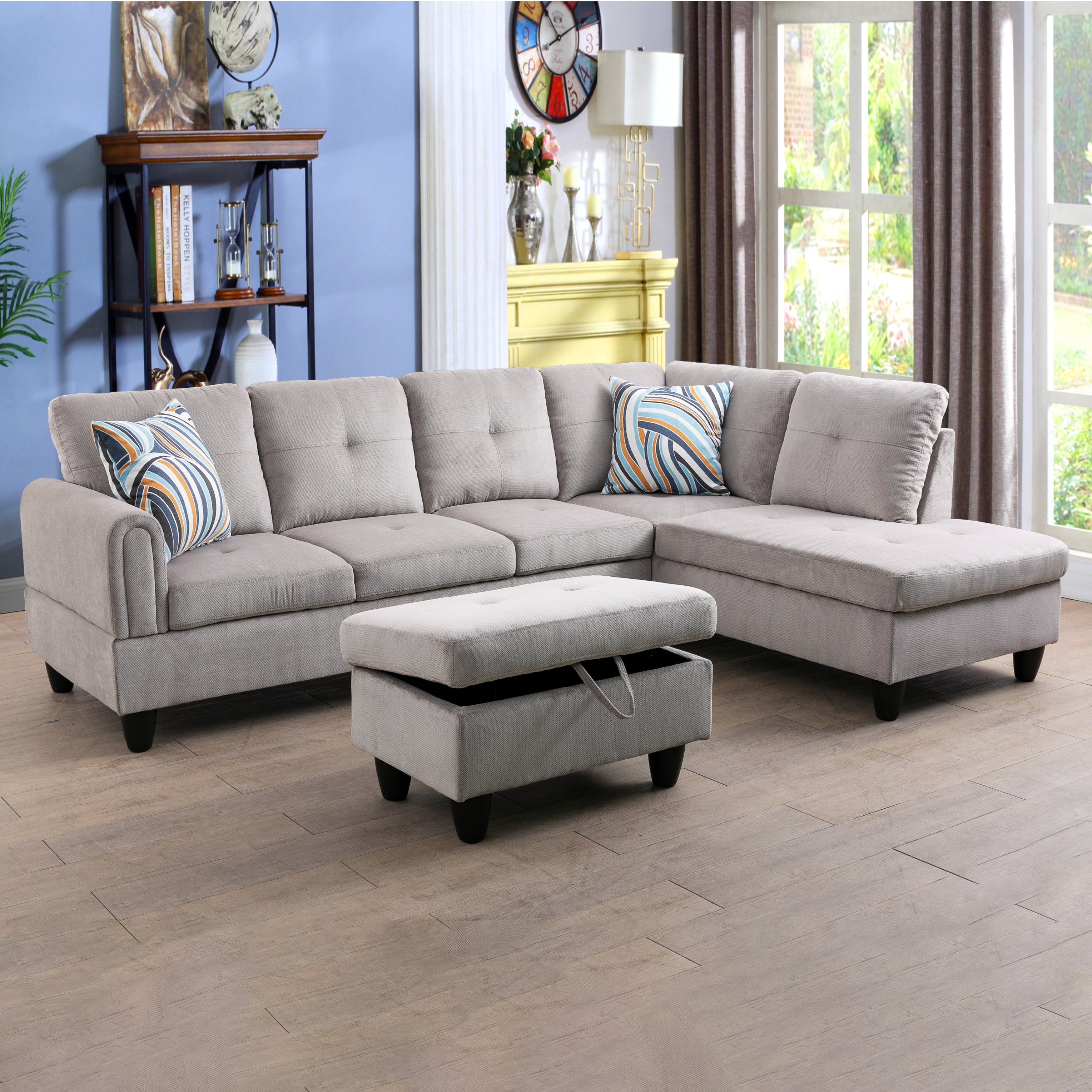 Ainehome Off-White Corduroy L-Shaped Living Room Sectional Sofa Set