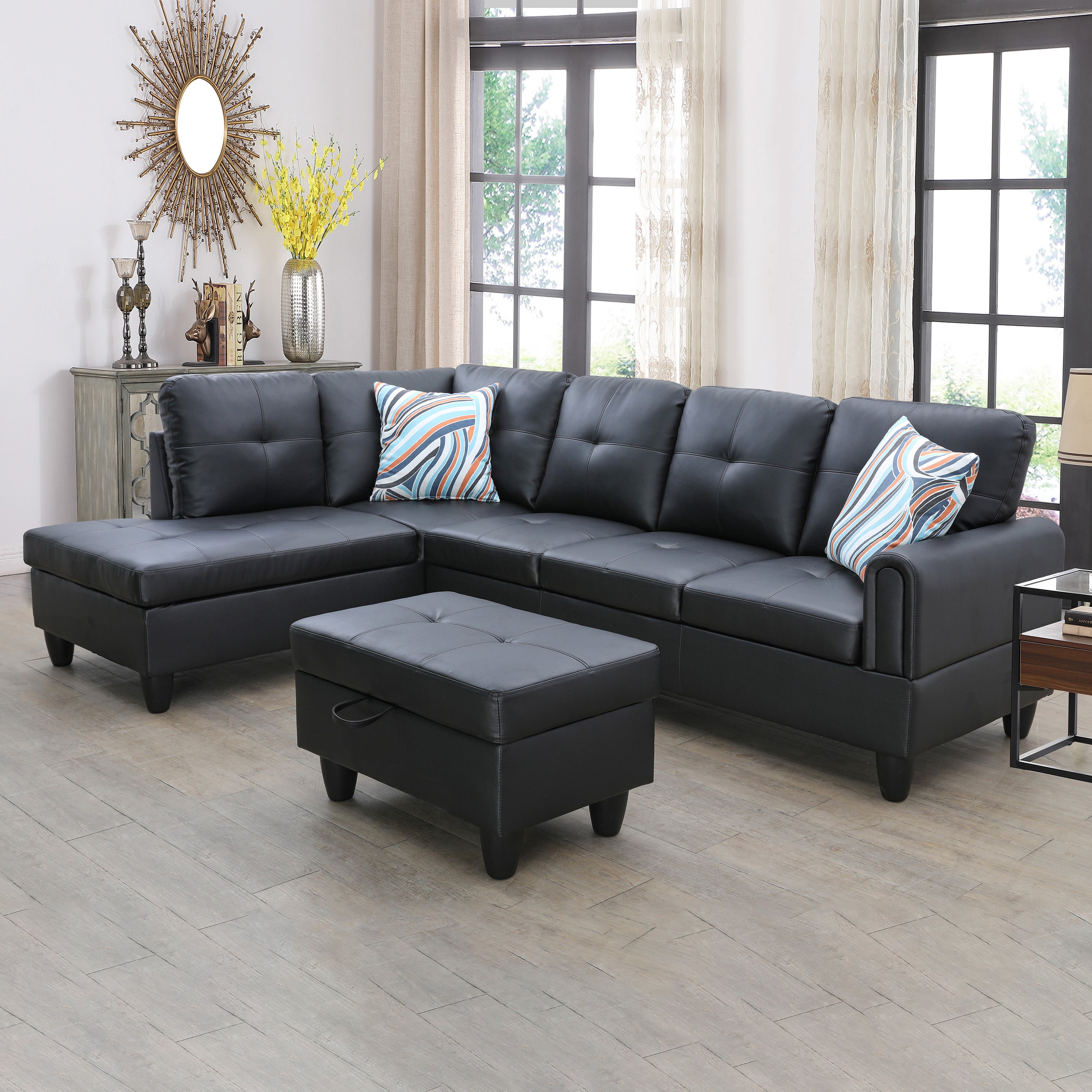 Ainehome Black Faux Leather L-Shaped Living Room Sectional Sofa Set