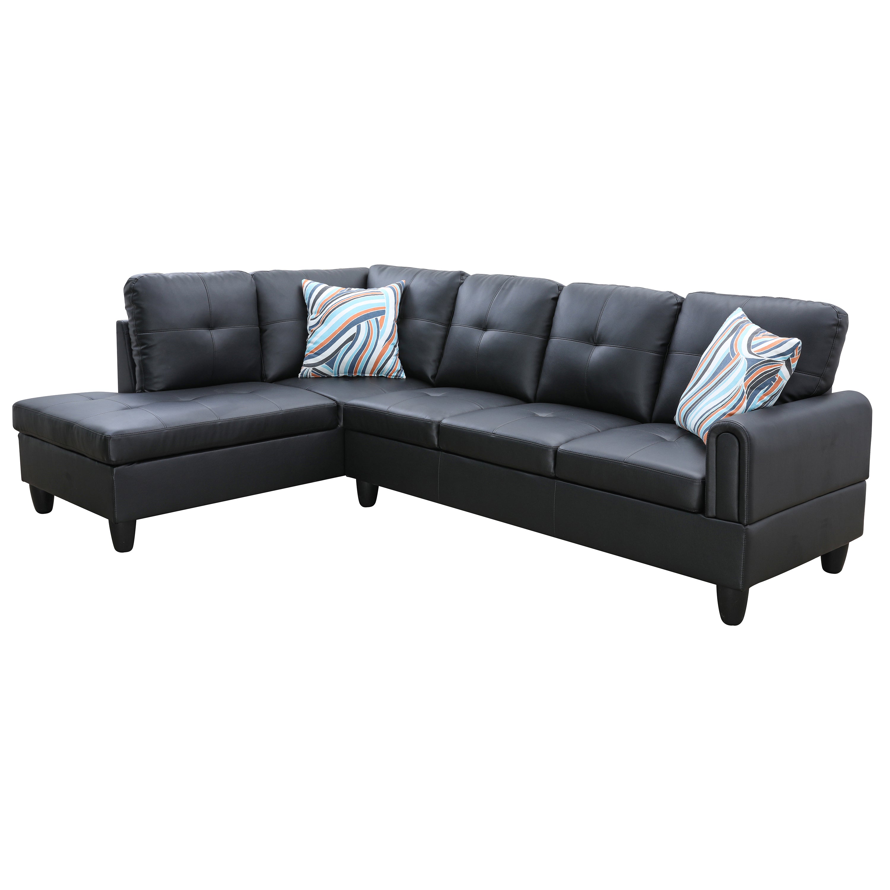 Ainehome Black Faux Leather L-Shaped Living Room Sectional Sofa Set
