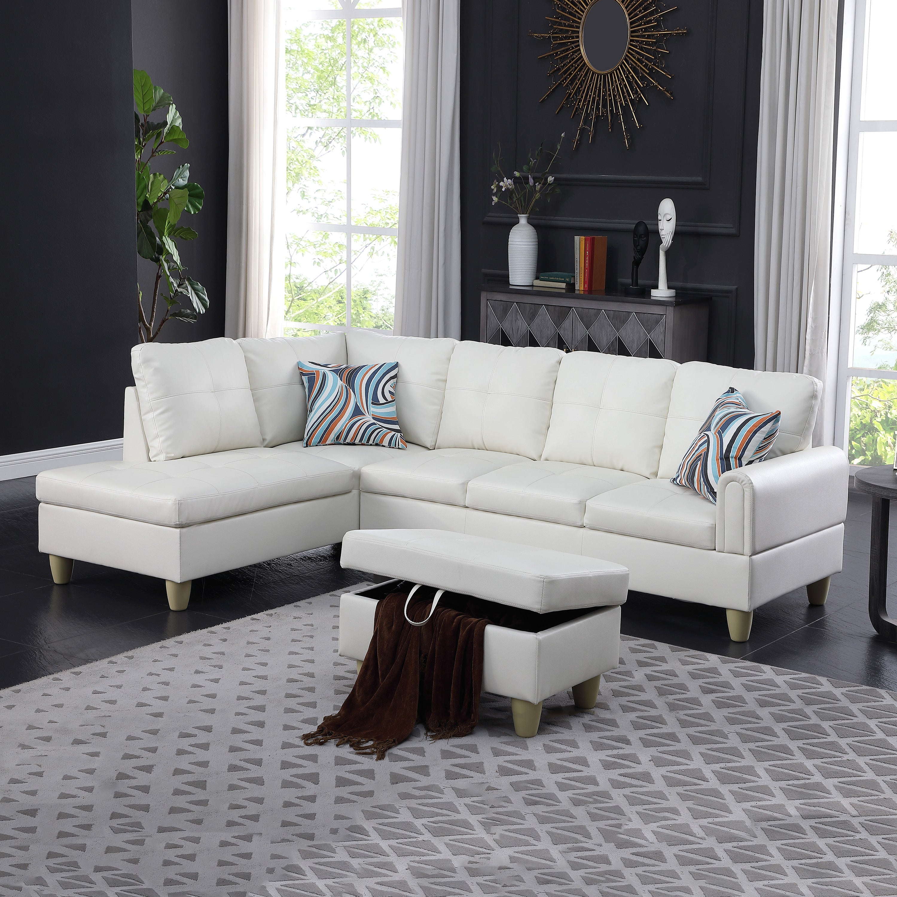 Ainehome White Faux Leather L-Shaped Living Room Sectional Sofa Set
