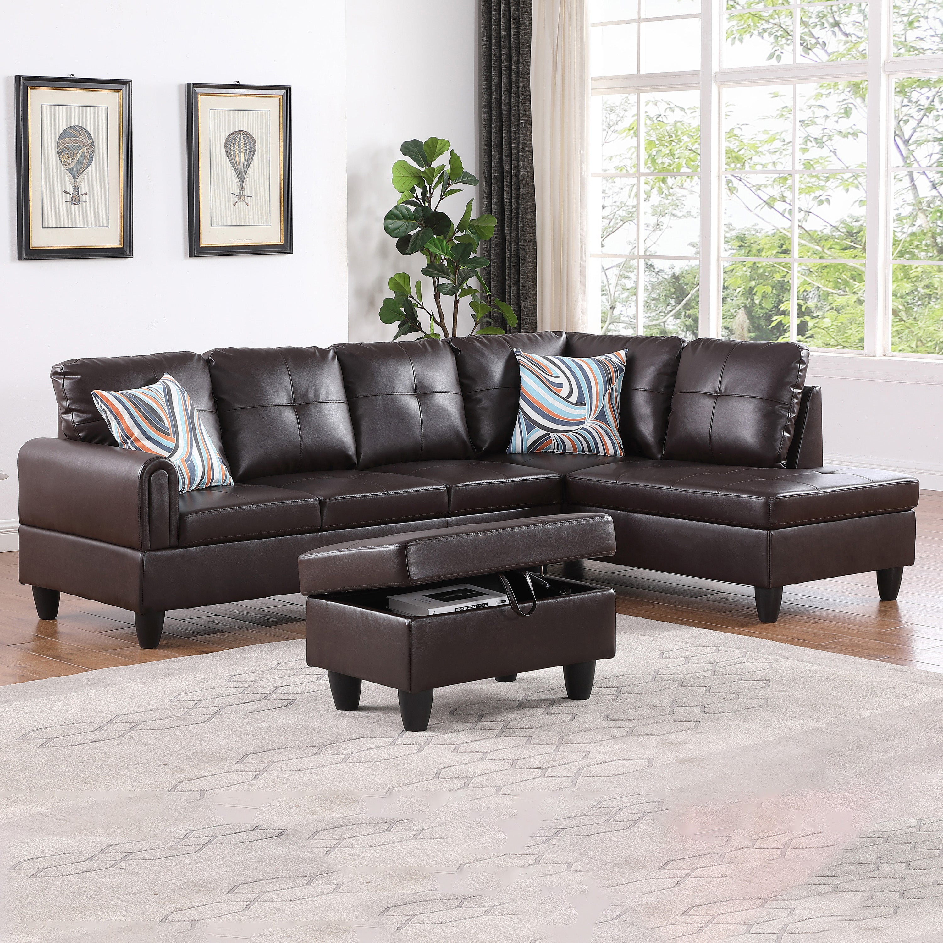 Conjunto de sofá seccional en forma de L de cuero sintético marrón de Ainehome para sala de estar