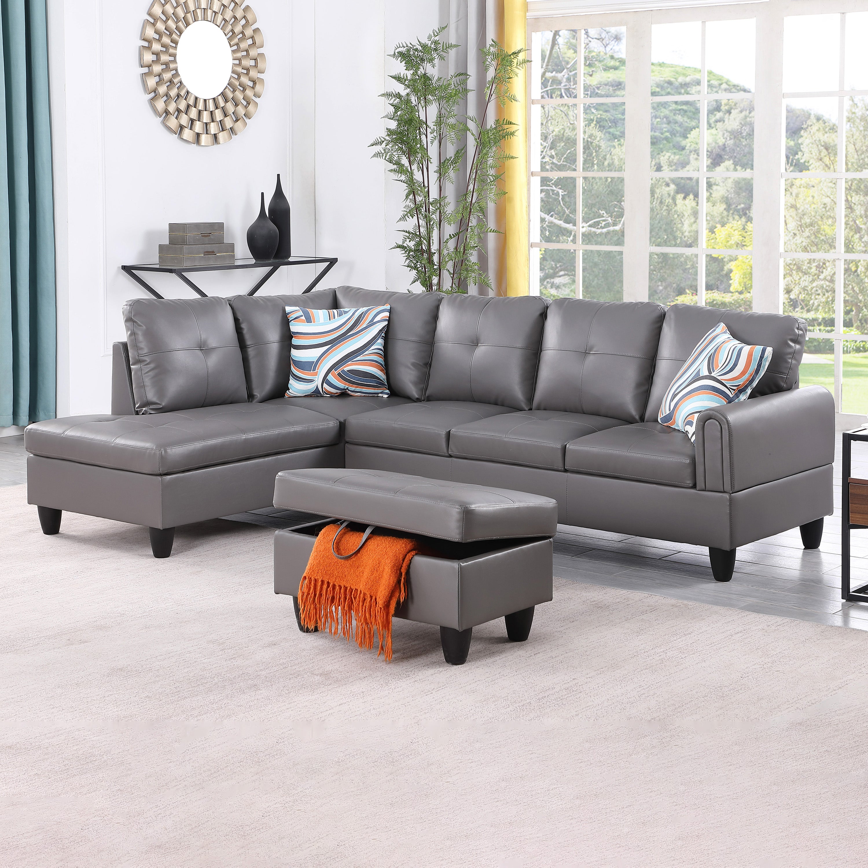 Ainehome Dark Grey Faux Leather L-Shaped Living Room Sectional Sofa Set