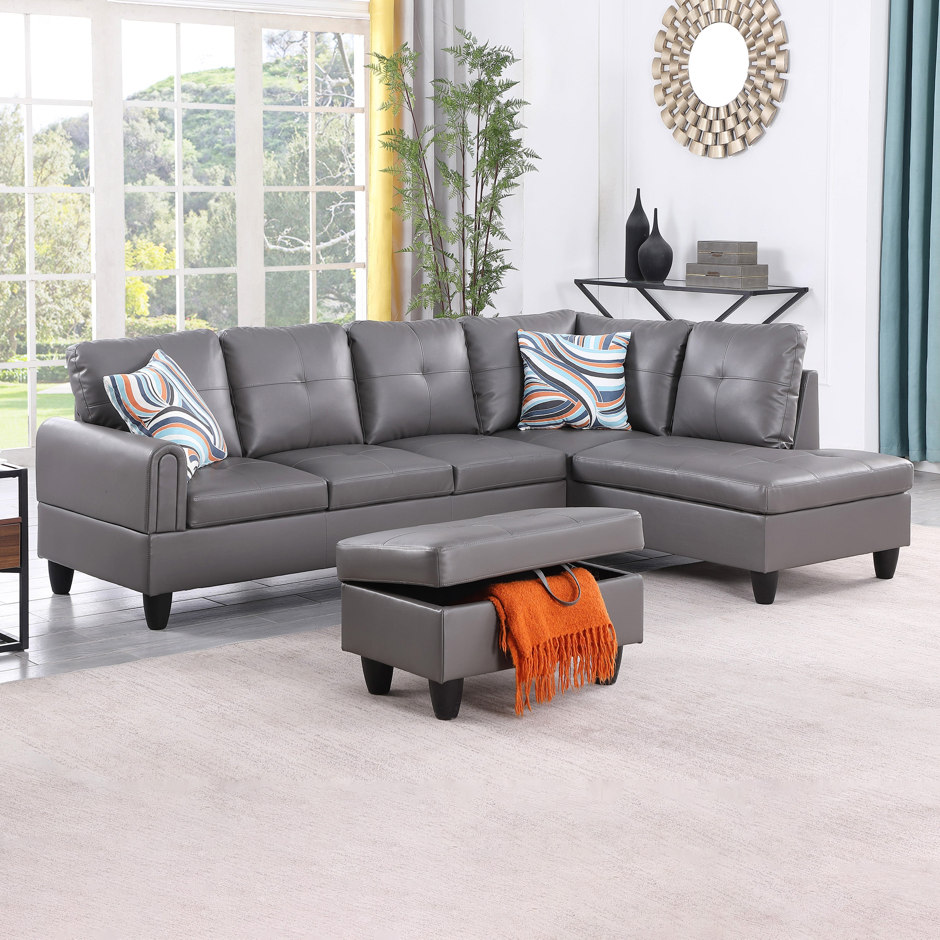 Conjunto de sofá seccional en forma de L de cuero sintético gris oscuro de Ainehome para sala de estar