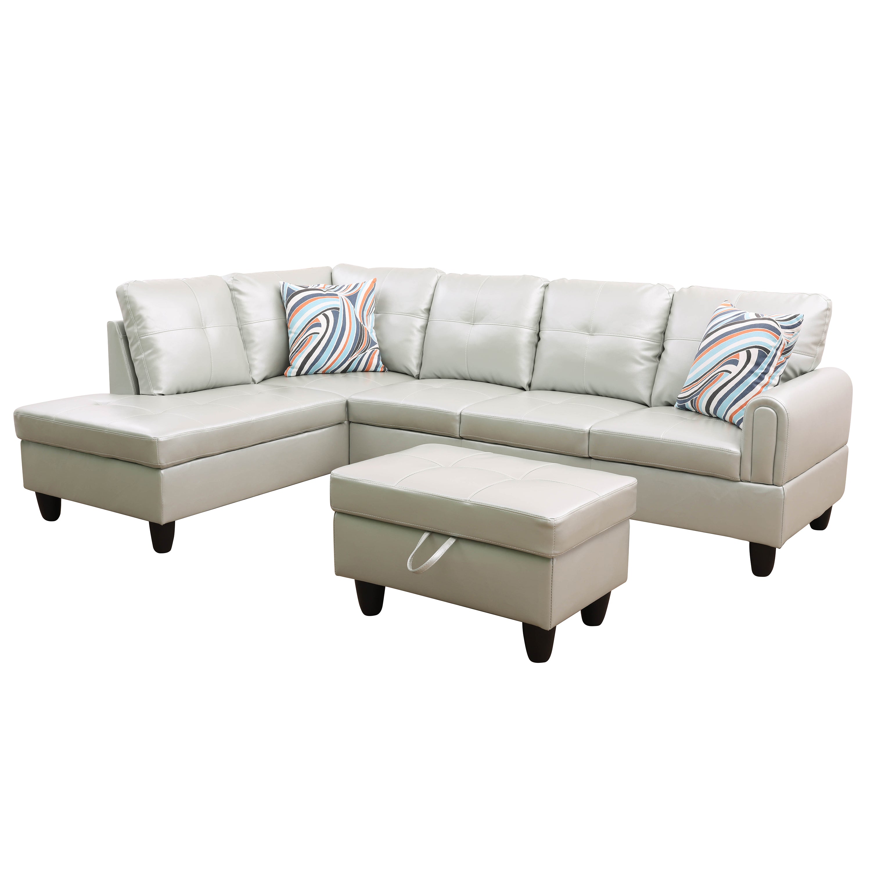 Ainehome Silver Green Faux Leather L-Shaped Living Room Sectional Sofa Set