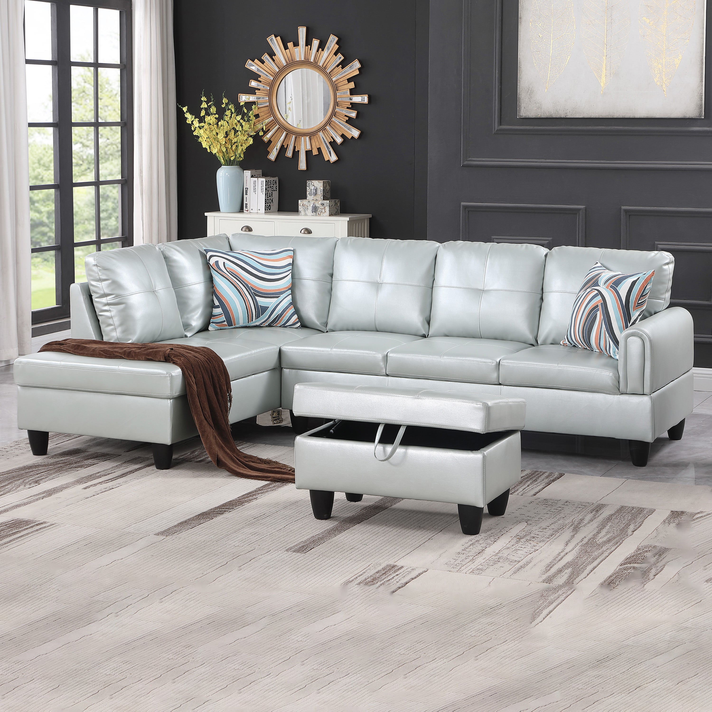 Ainehome Silver Green Faux Leather L-Shaped Living Room Sectional Sofa Set