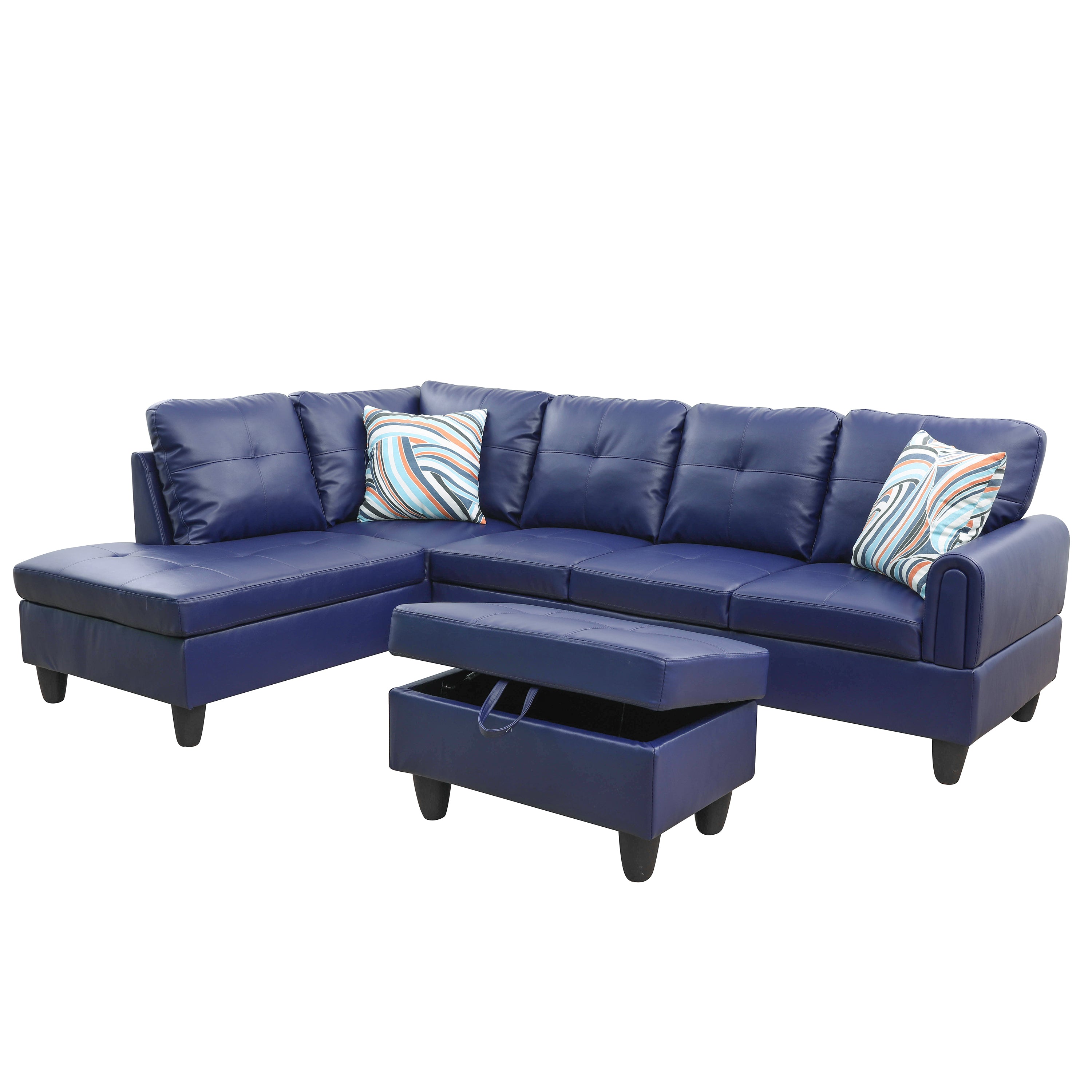 Ainehome Blue Faux Leather L-Shaped Living Room Sectional Sofa Set