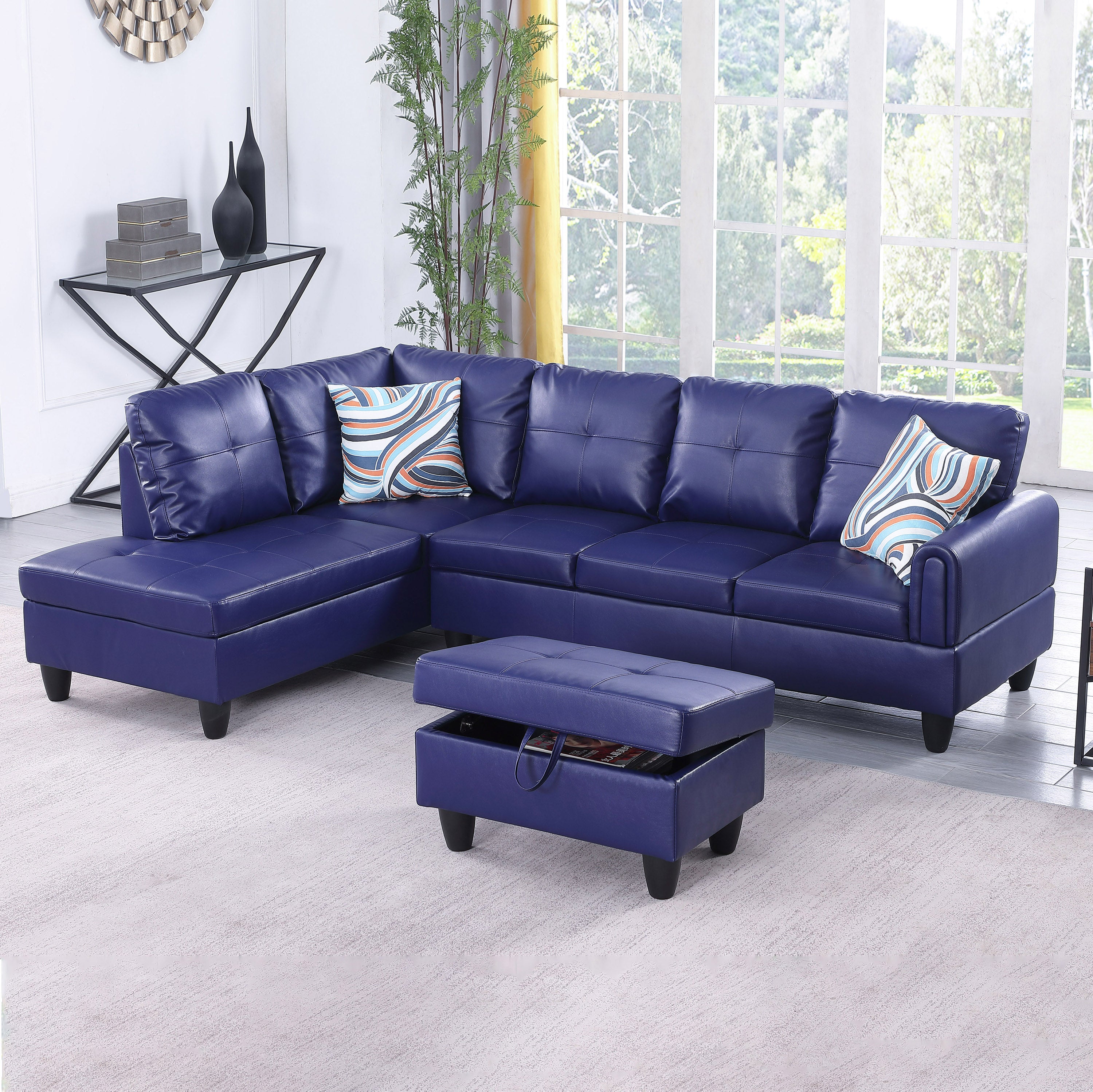 Ainehome Blue Faux Leather L-Shaped Living Room Sectional Sofa Set