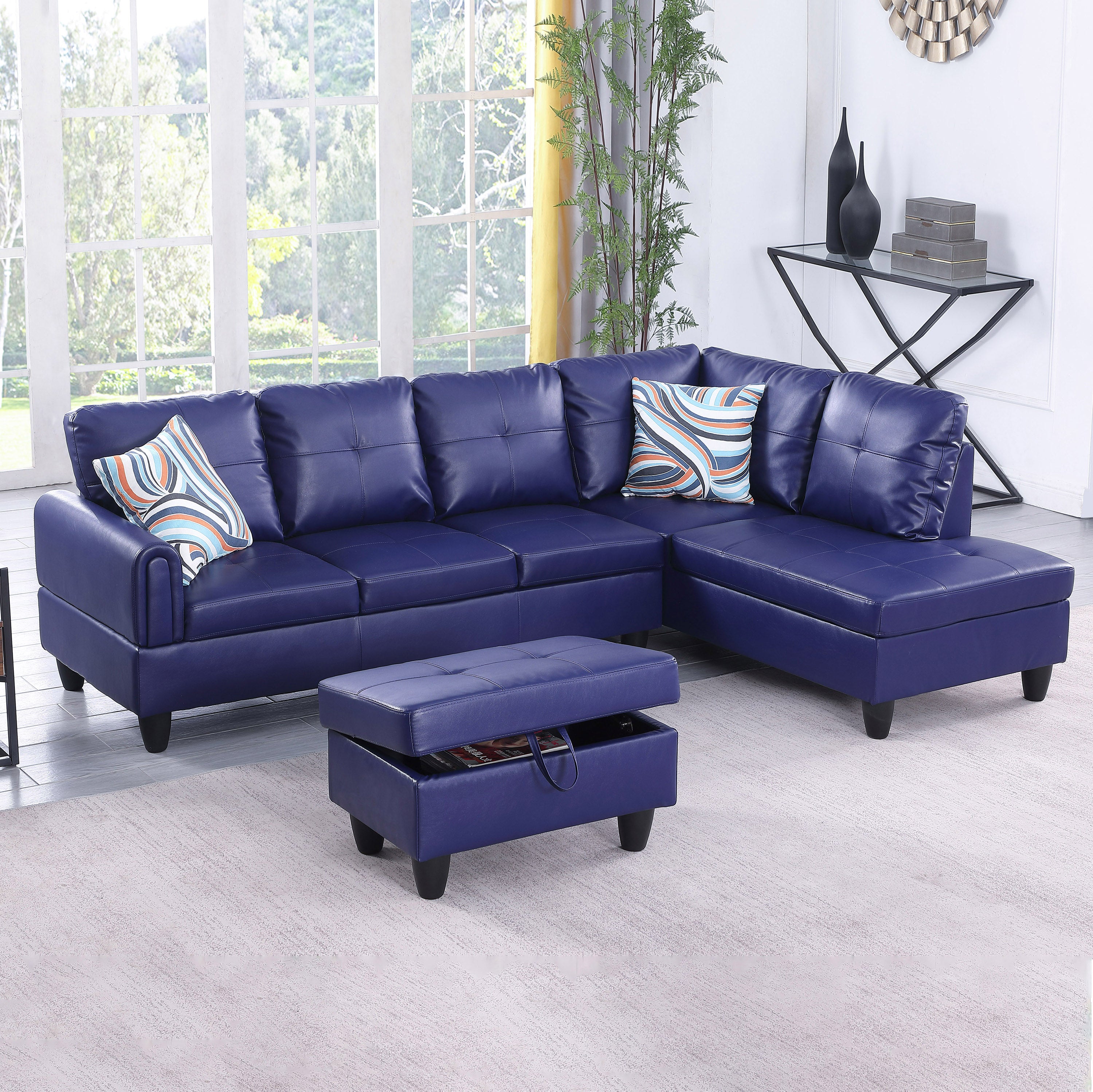 Ainehome Blue Faux Leather L-Shaped Living Room Sectional Sofa Set