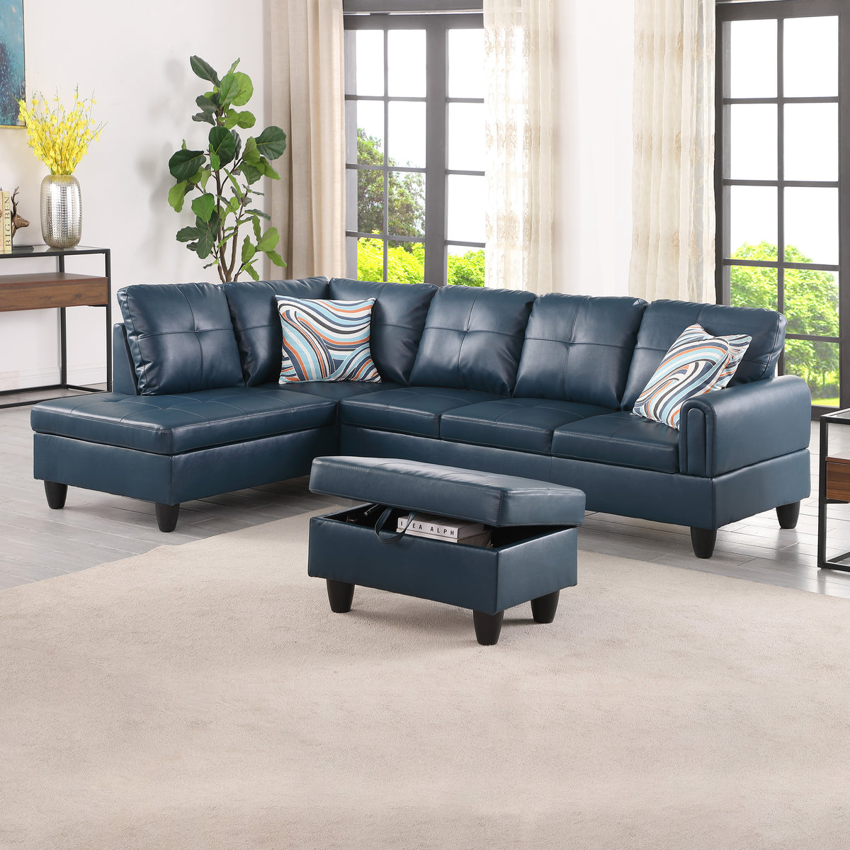Ainehome faux leather L-shaped sectional sofa with storage ottoman
