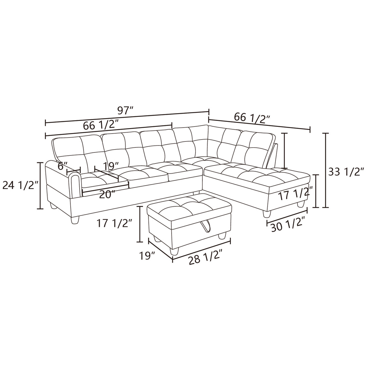 Conjunto de sofá seccional en forma de L de franela negra de Ainehome para sala de estar