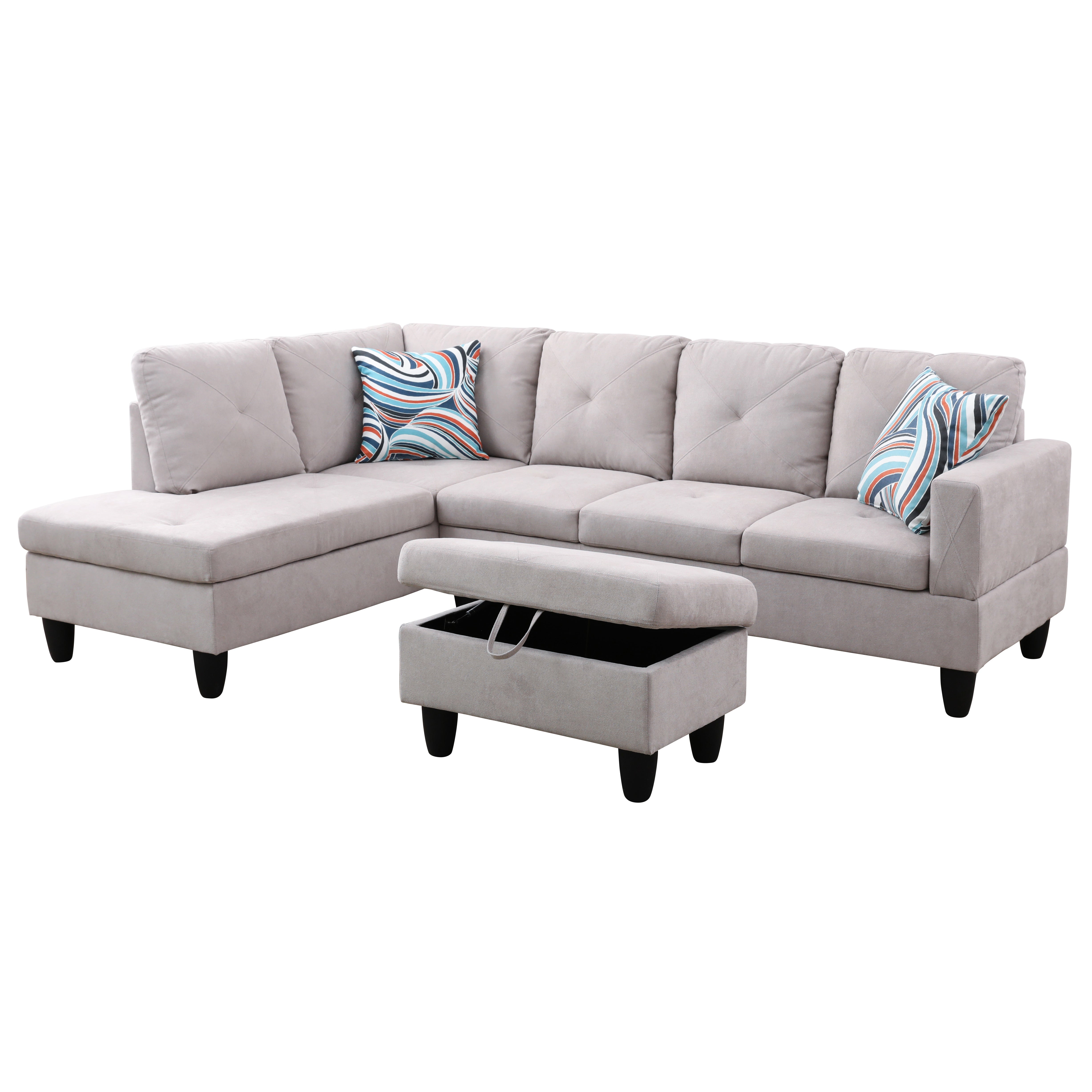 Ainehome Grey White Flannelette L-Shaped Living Room Sofa Set