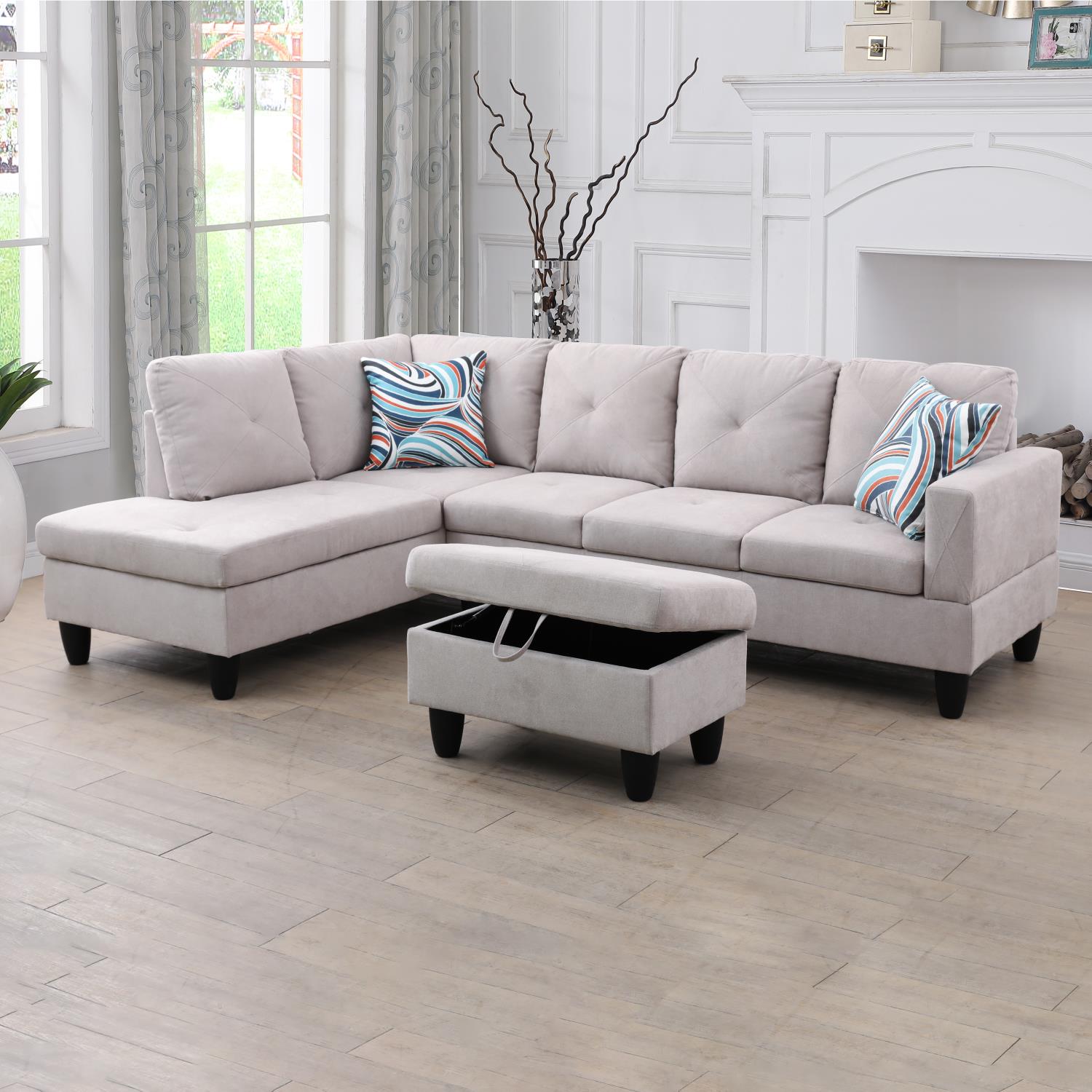 Ainehome Grey White Flannelette L-Shaped Living Room Sofa Set