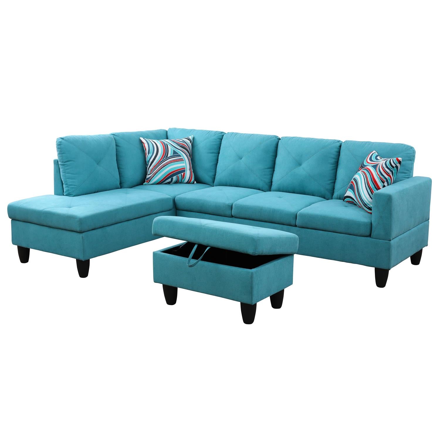 Ainehome Sky Blue Flannel L-Shaped Living Room Sectional Sofa Set