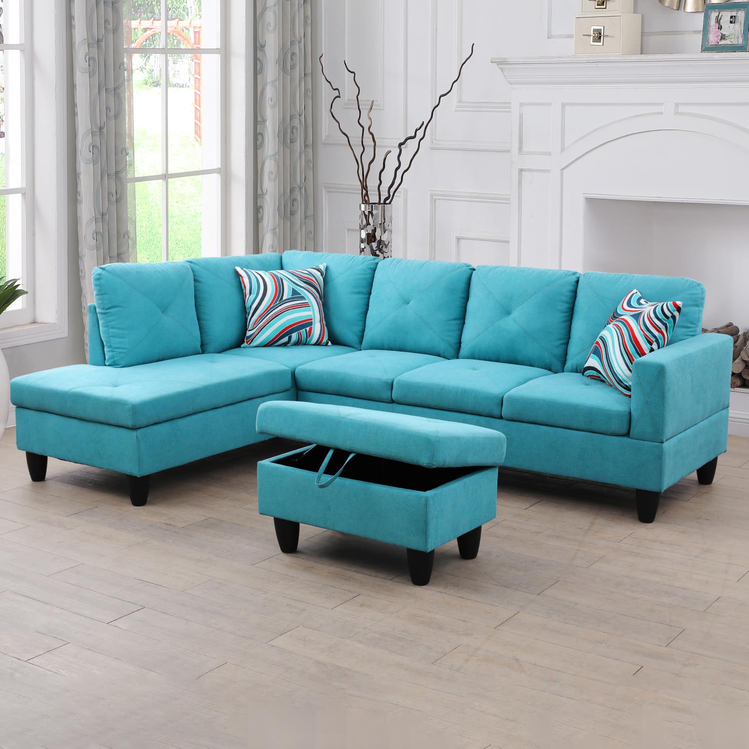 Ainehome Sky Blue Flannel L-Shaped Living Room Sectional Sofa Set