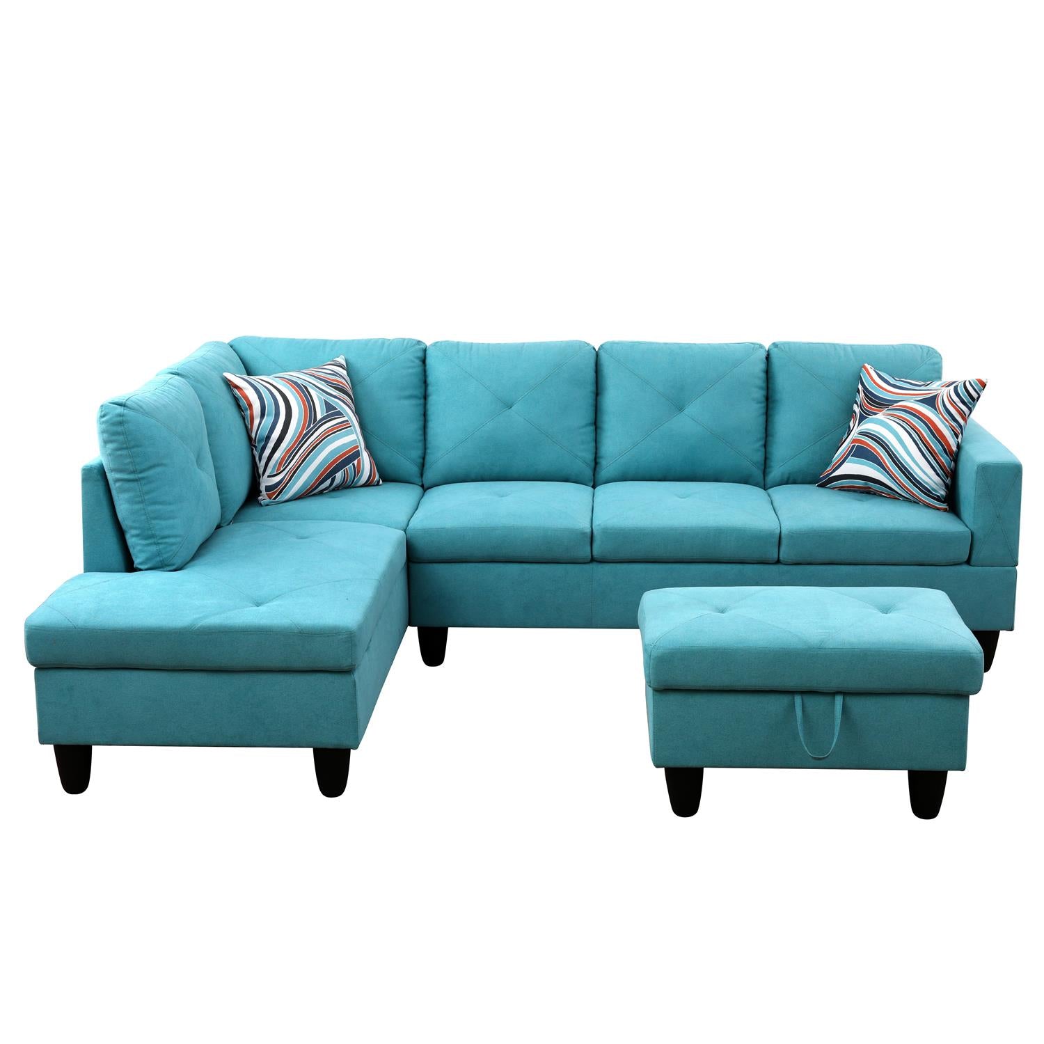 Ainehome Sky Blue Flannel L-Shaped Living Room Sectional Sofa Set