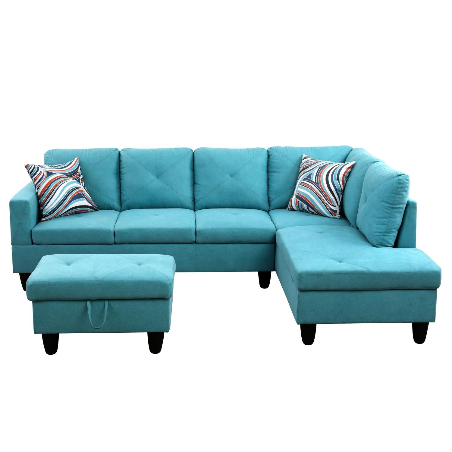 Ainehome Sky Blue Flannel L-Shaped Living Room Sectional Sofa Set