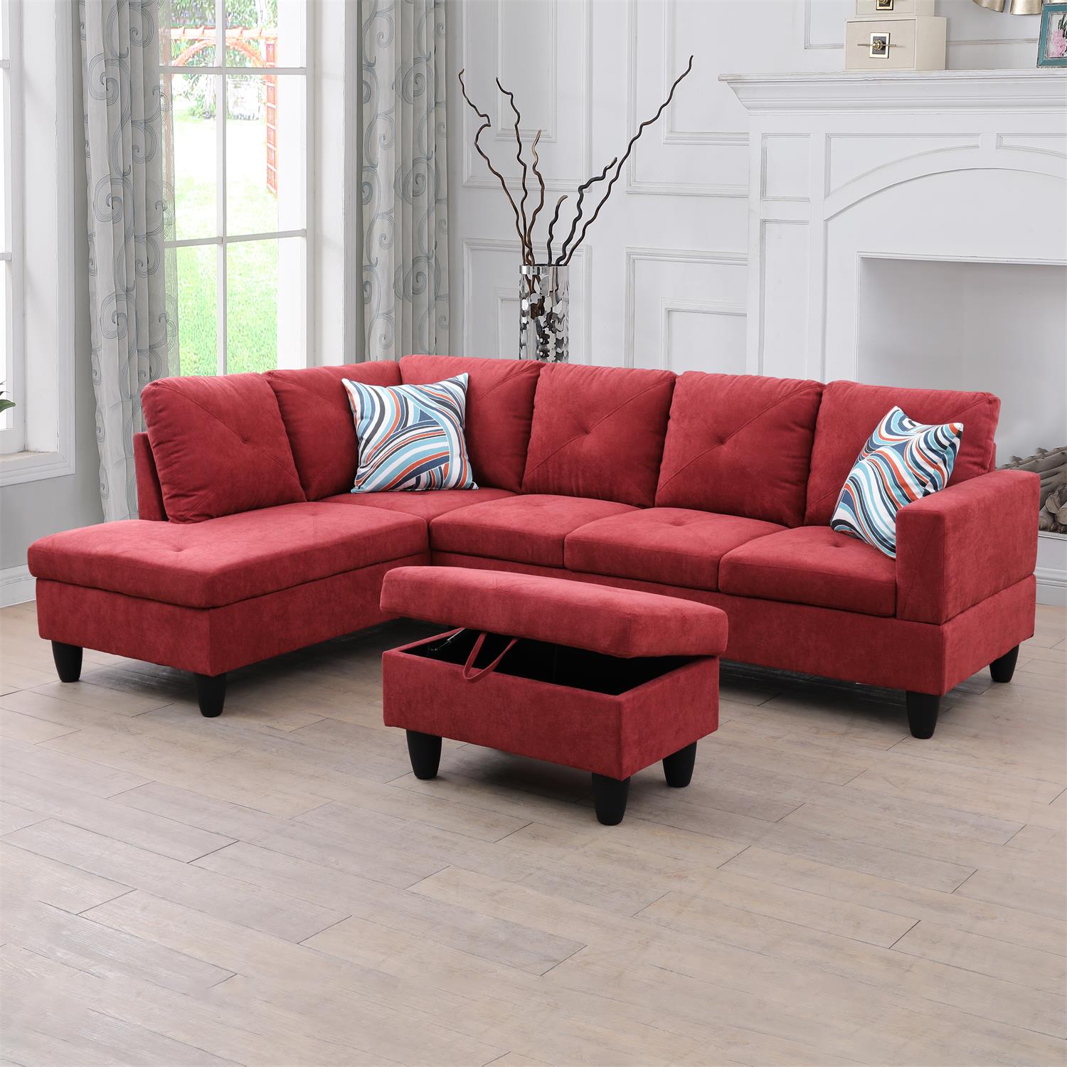 Ainehome Red Flannelette L-Shaped Living Room Sectional Sofa Set