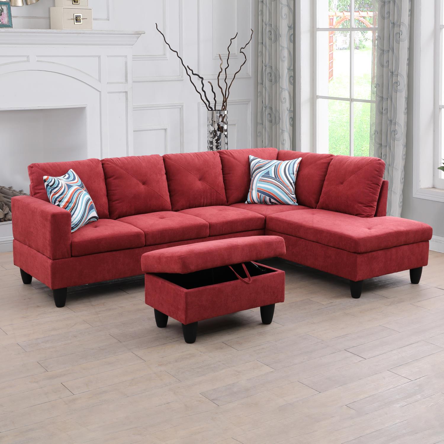 Conjunto de sofá seccional en forma de L de franela roja de Ainehome para sala de estar