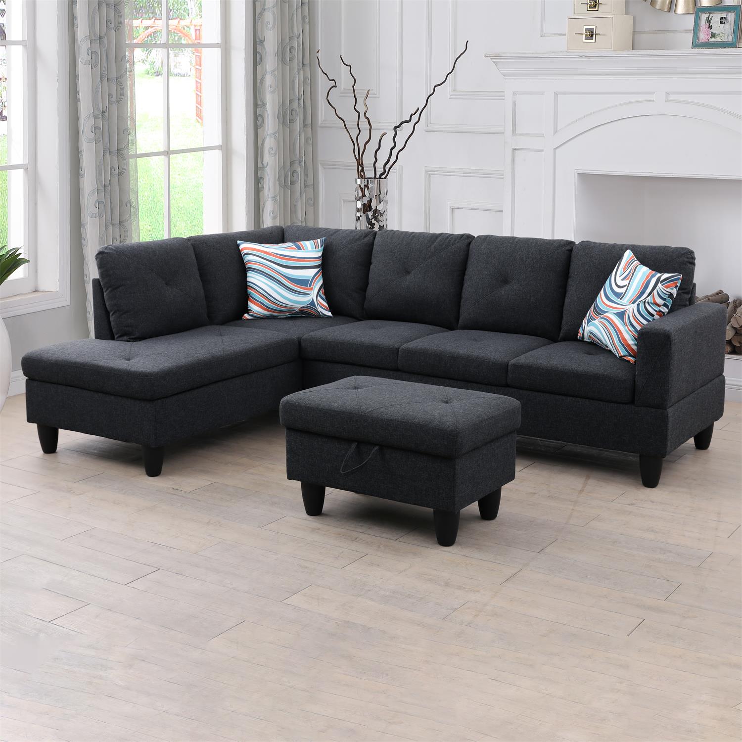 Ainehome Black Grey Linen L-Shaped Living Room Sectional Sofa Set