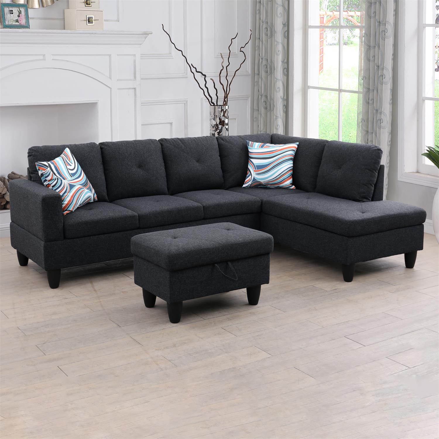 Ainehome Black Grey Linen L-Shaped Living Room Sectional Sofa Set