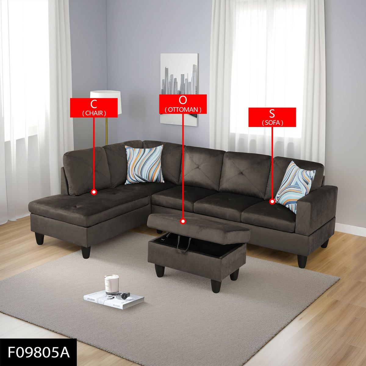 Espresso Microfiber L-Shaped Sectional Sofa