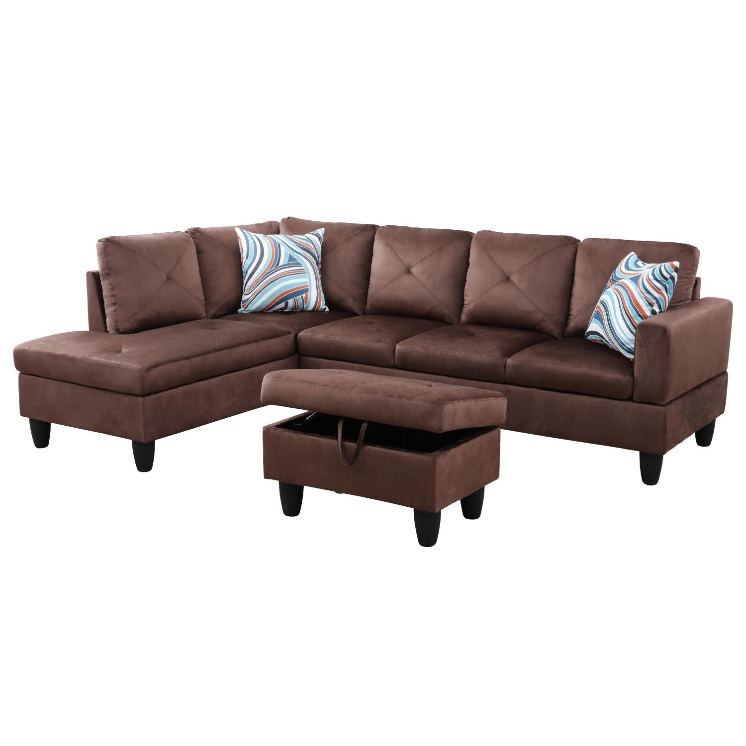 Ainehome Brown Microfiber L-Shaped Living Room Sectional Sofa Set