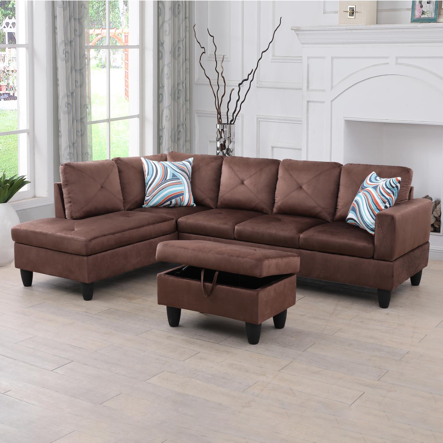 Ainehome Brown Microfiber L-Shaped Living Room Sectional Sofa Set