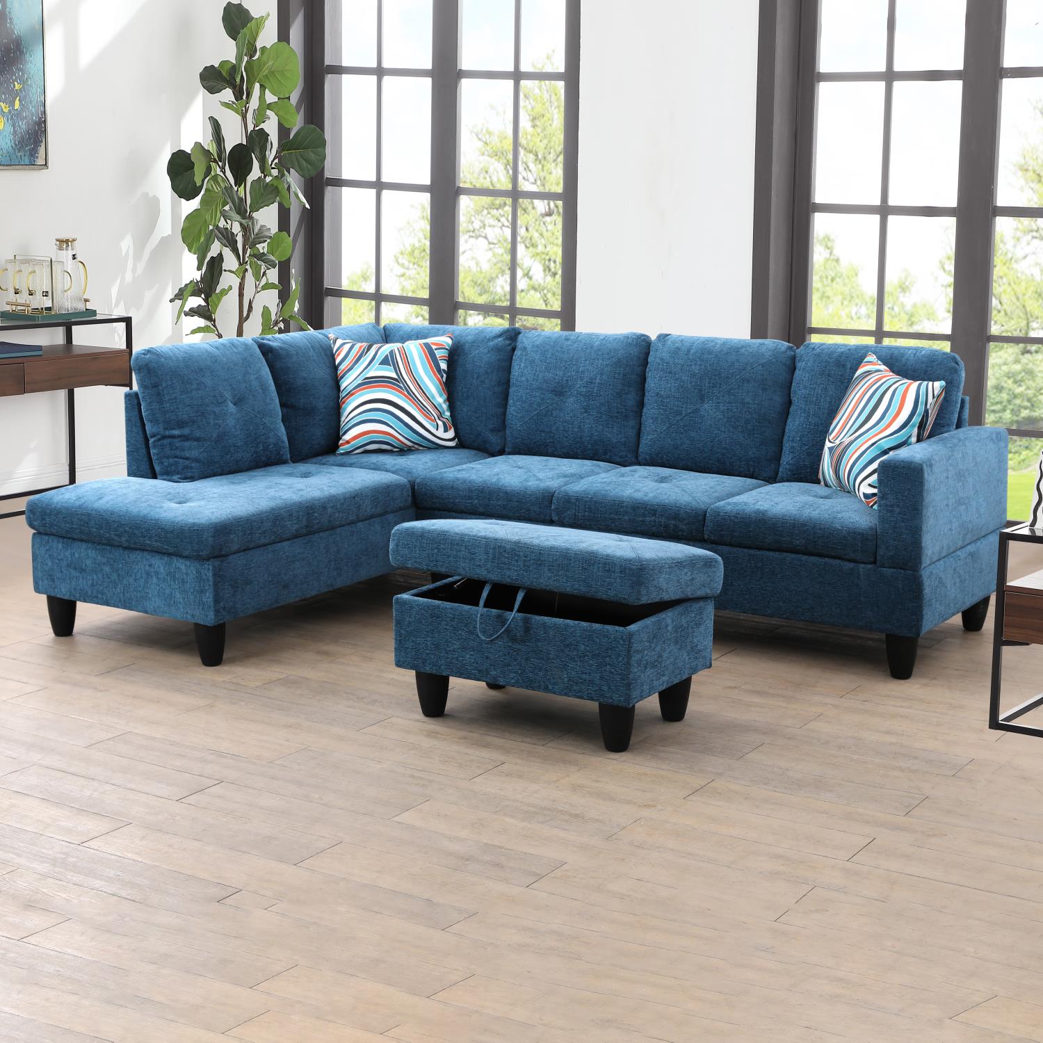 Ainehome Blue Linen L-Shaped Living Room Sectional Sofa Set