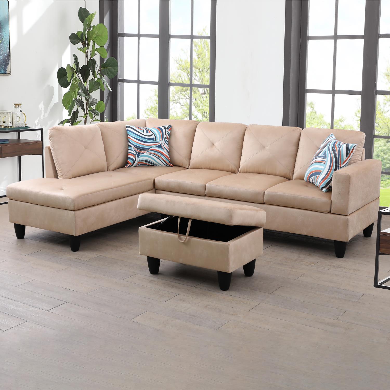 Conjunto de sofá seccional en forma de L de microfibra beige para sala de estar de Ainehome